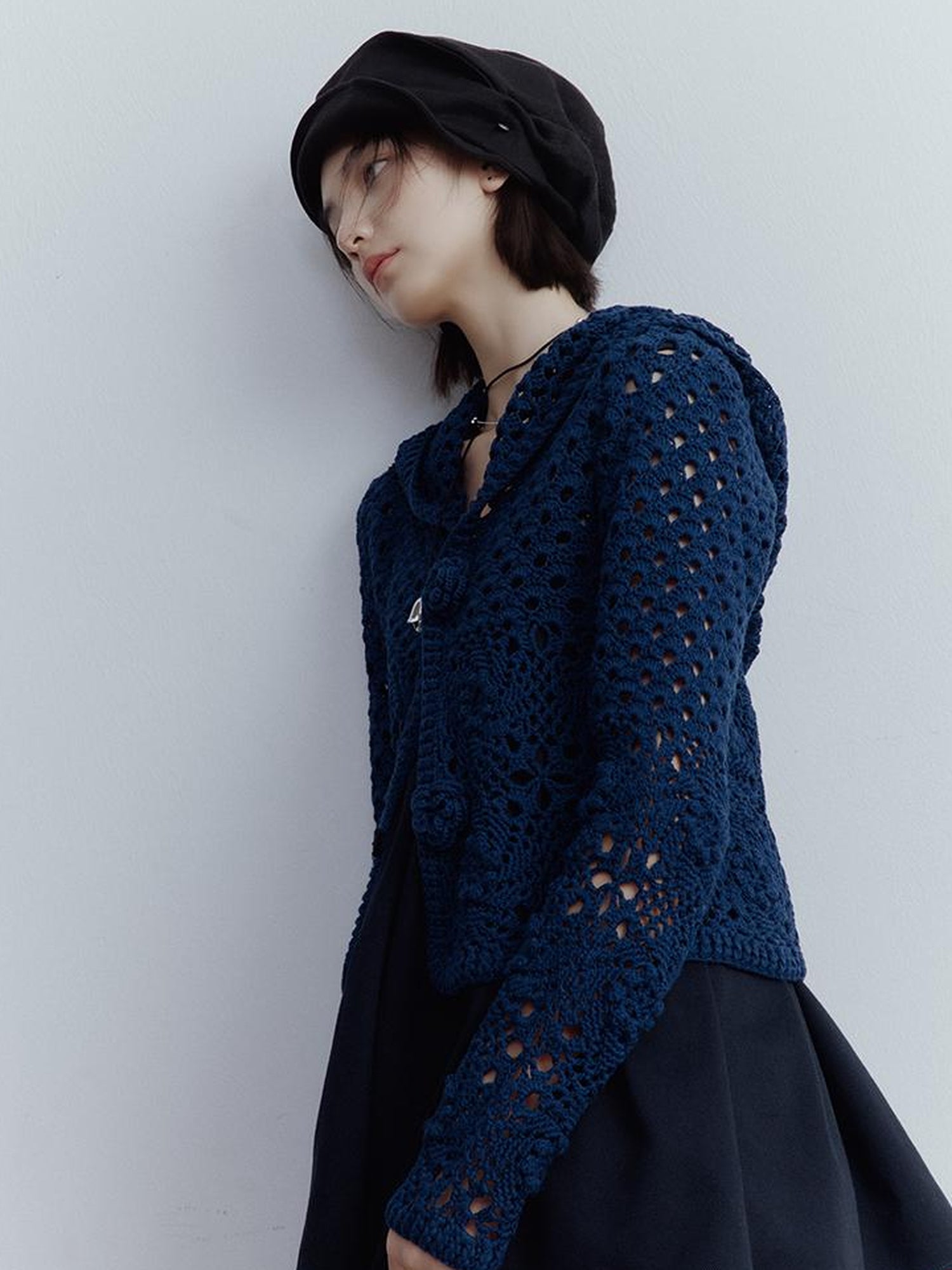 FUSSED Midnight Garden Hand Crochet Lace Rose Evening Blue Cardigan