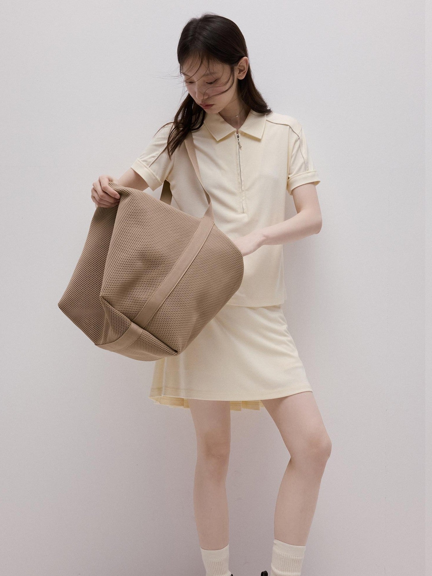 FUSSED Milky Almond Boxy Layered Academy Polo Collar Women&