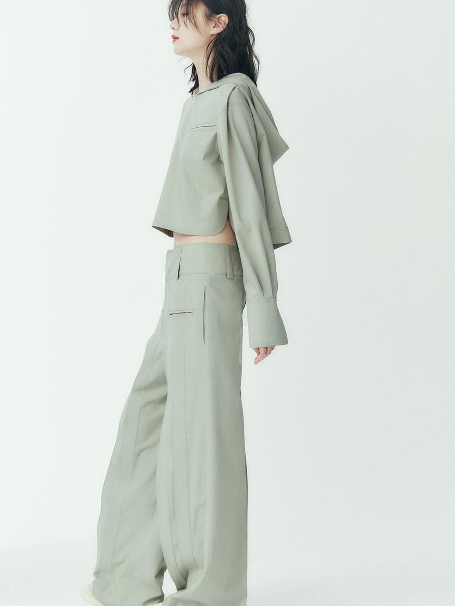 FUSSED Mint Green Pleated Wide Leg Trousers With Double Fold Design