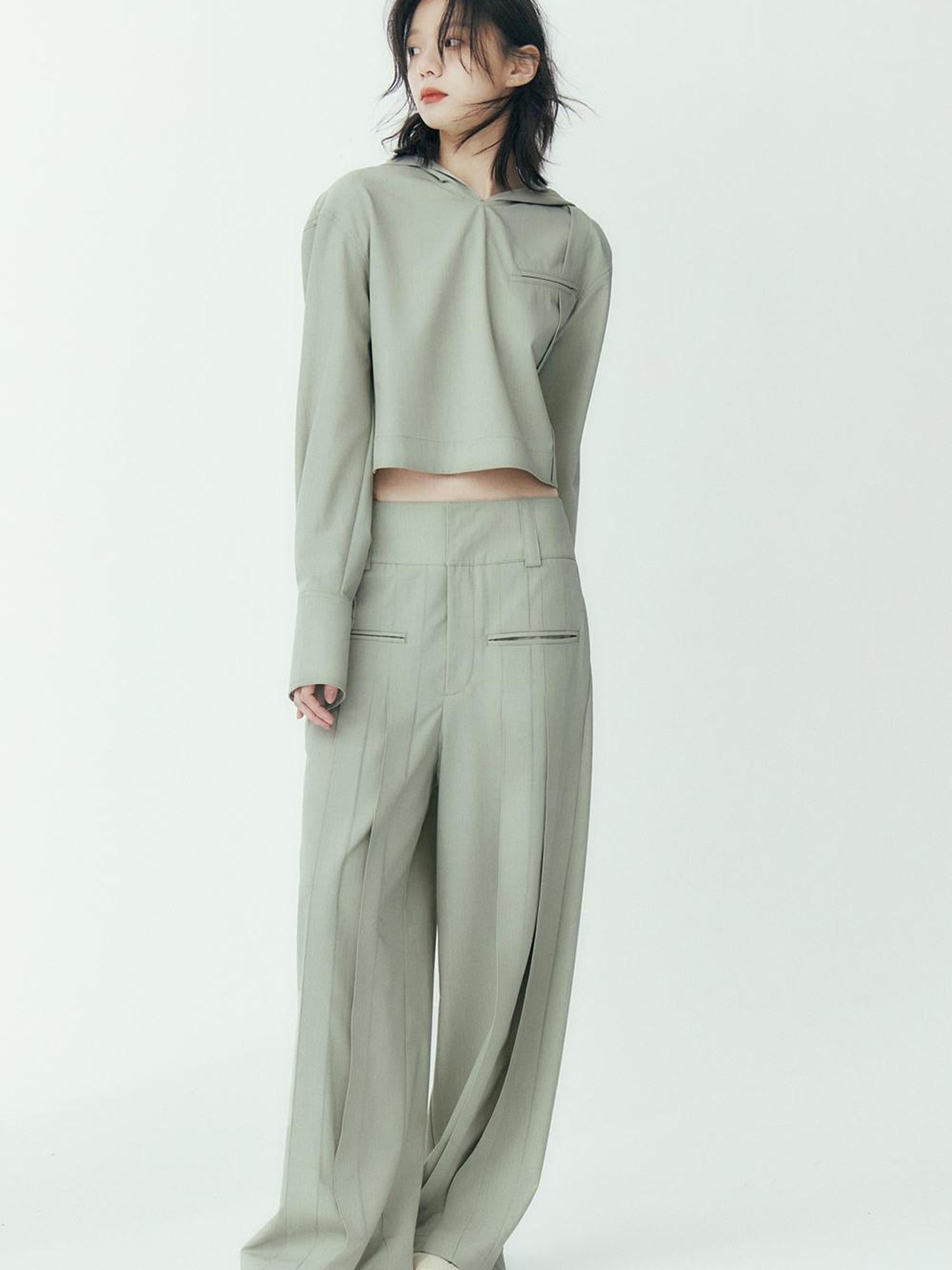 FUSSED Mint Green Pleated Wide Leg Trousers With Double Fold Design