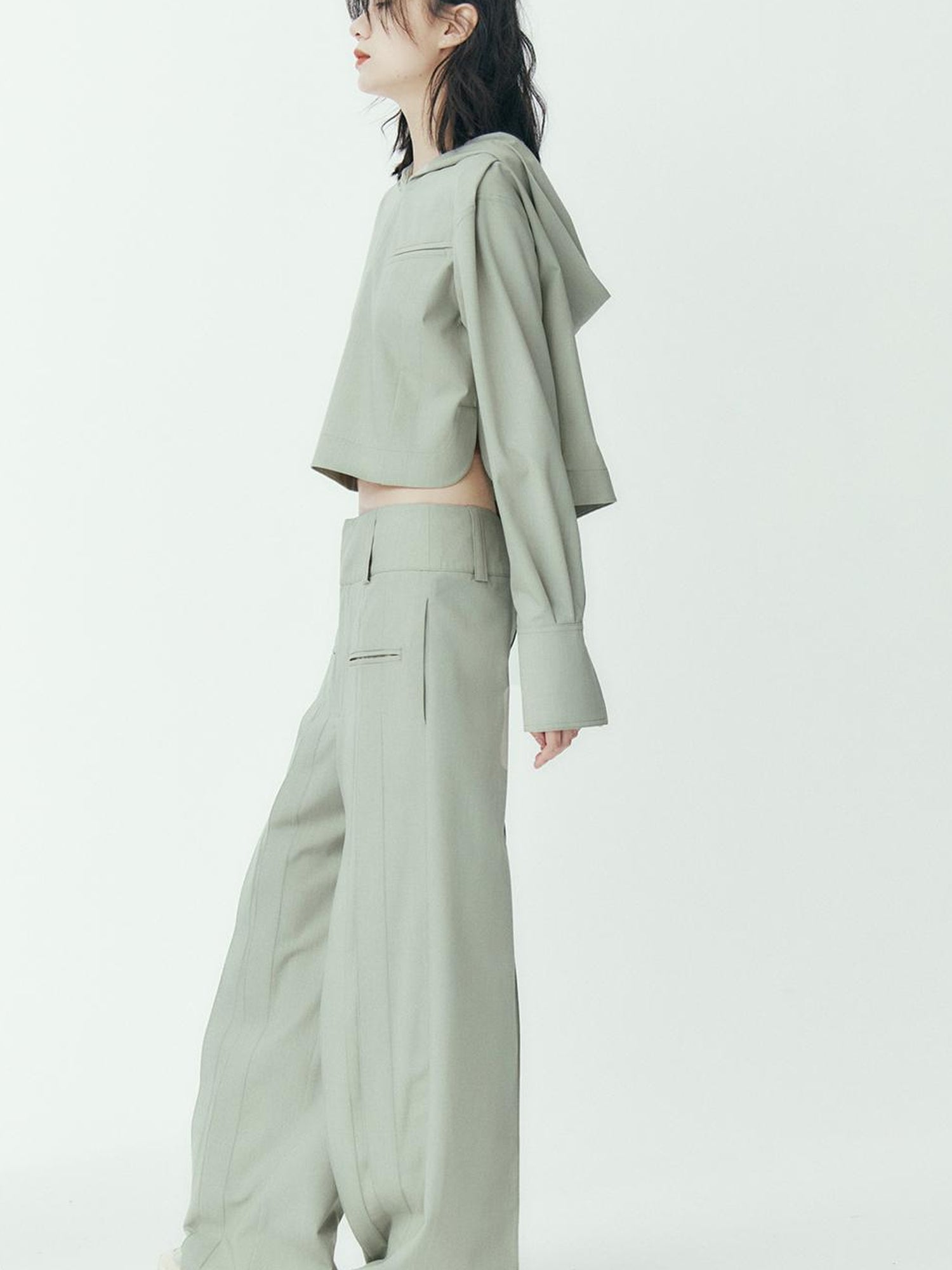 FUSSED Mint Green Pleated Wide Leg Trousers With Double Fold Design