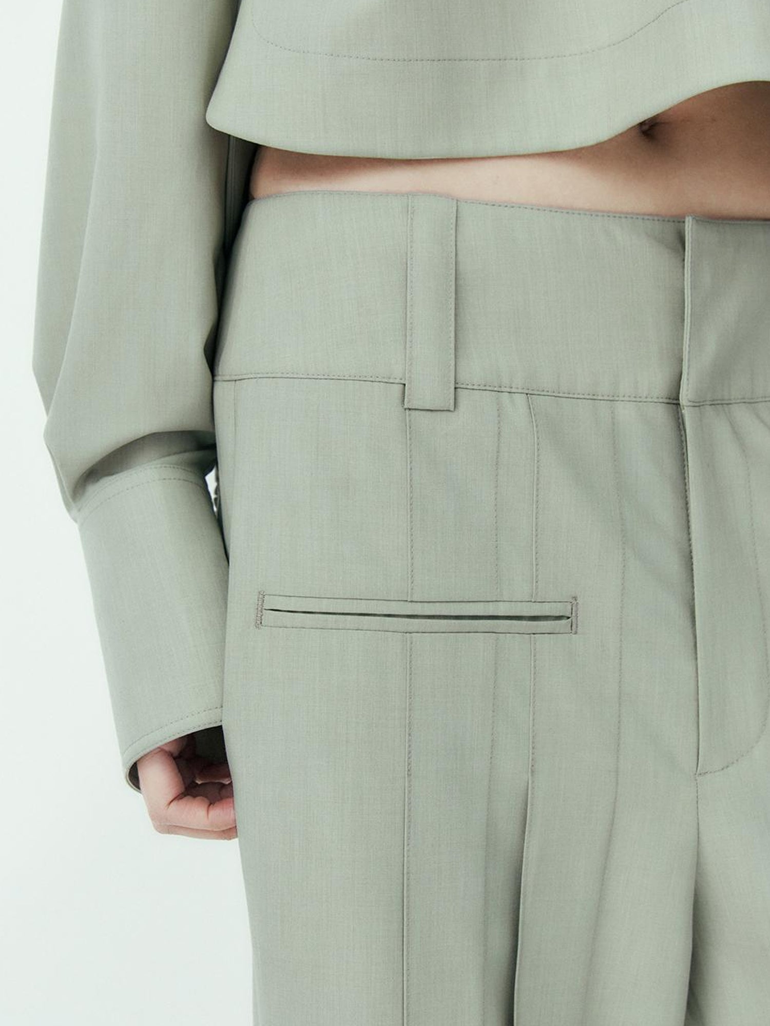 FUSSED Mint Green Pleated Wide Leg Trousers With Double Fold Design