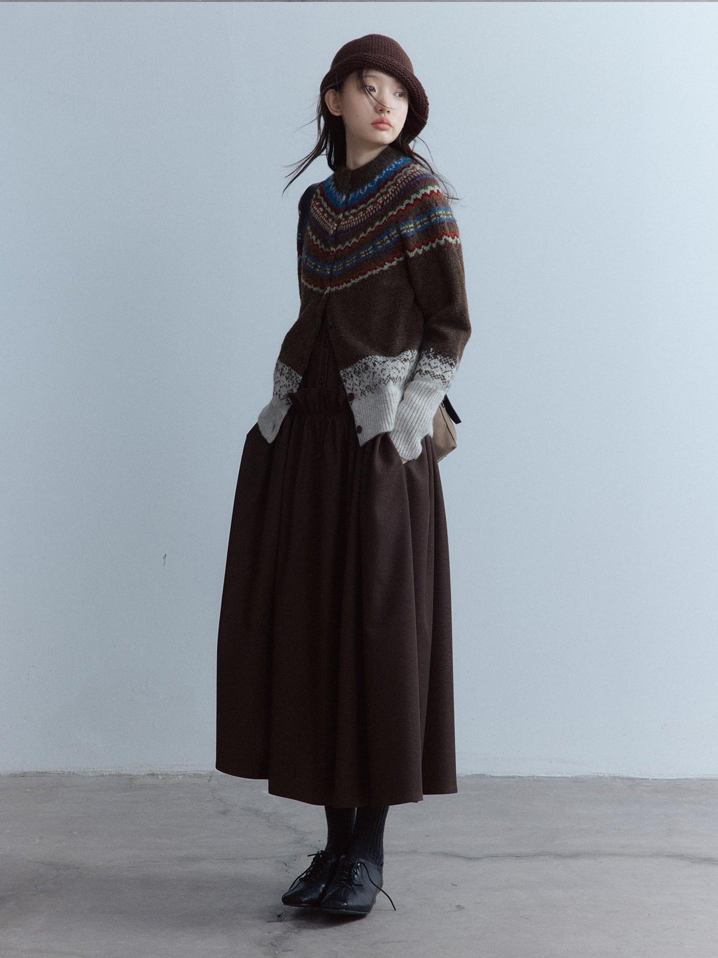 FUSSED Mist Brown 3d Ruffle Patchwork Twist Pleat Women&