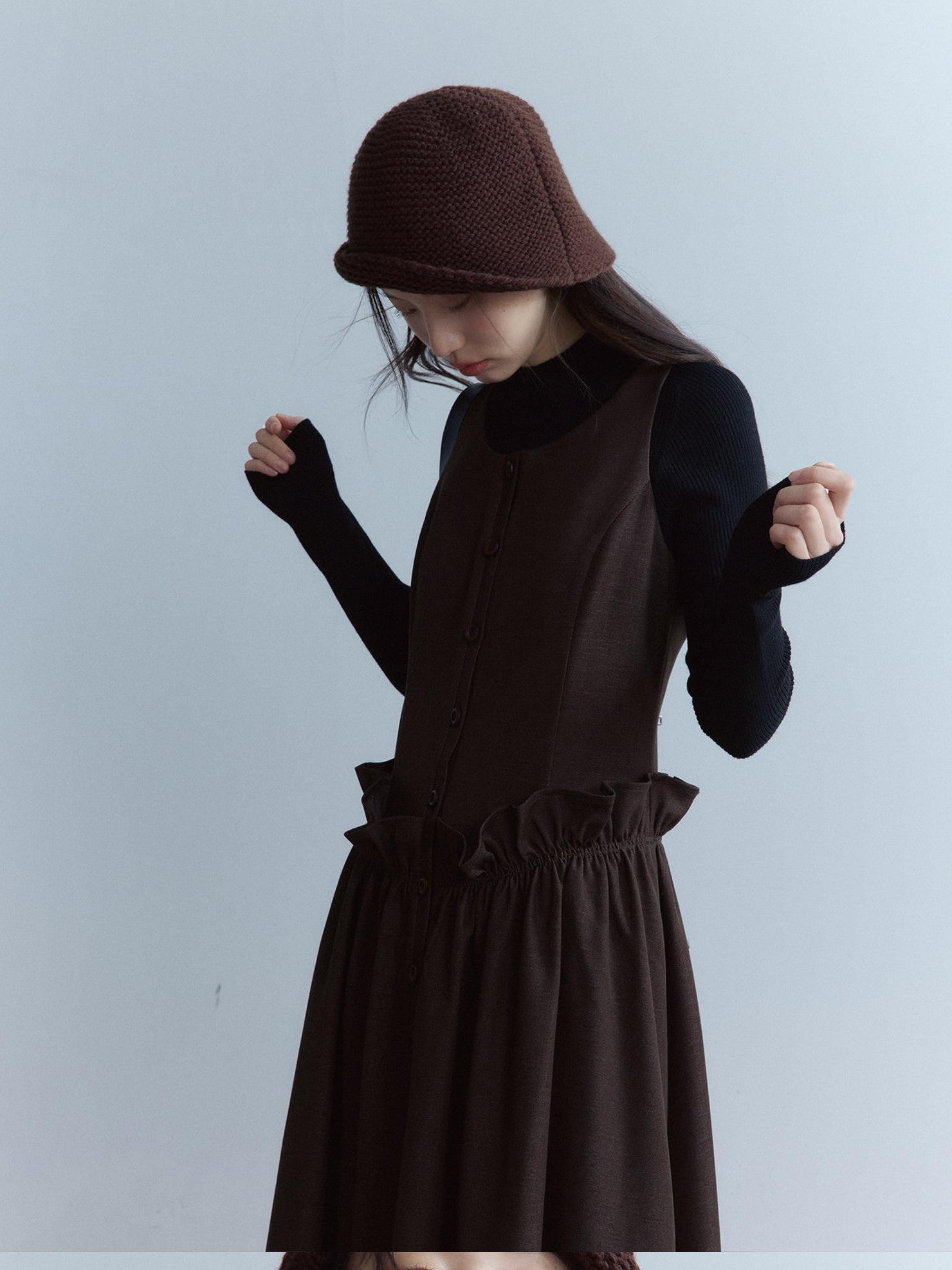FUSSED Mist Brown 3d Ruffle Patchwork Twist Pleat Women&