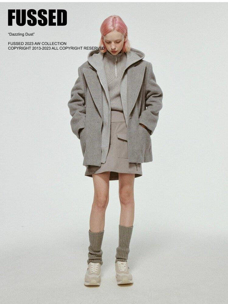 FUSSED Mist Gray Short Plush Notched Lapel Women&