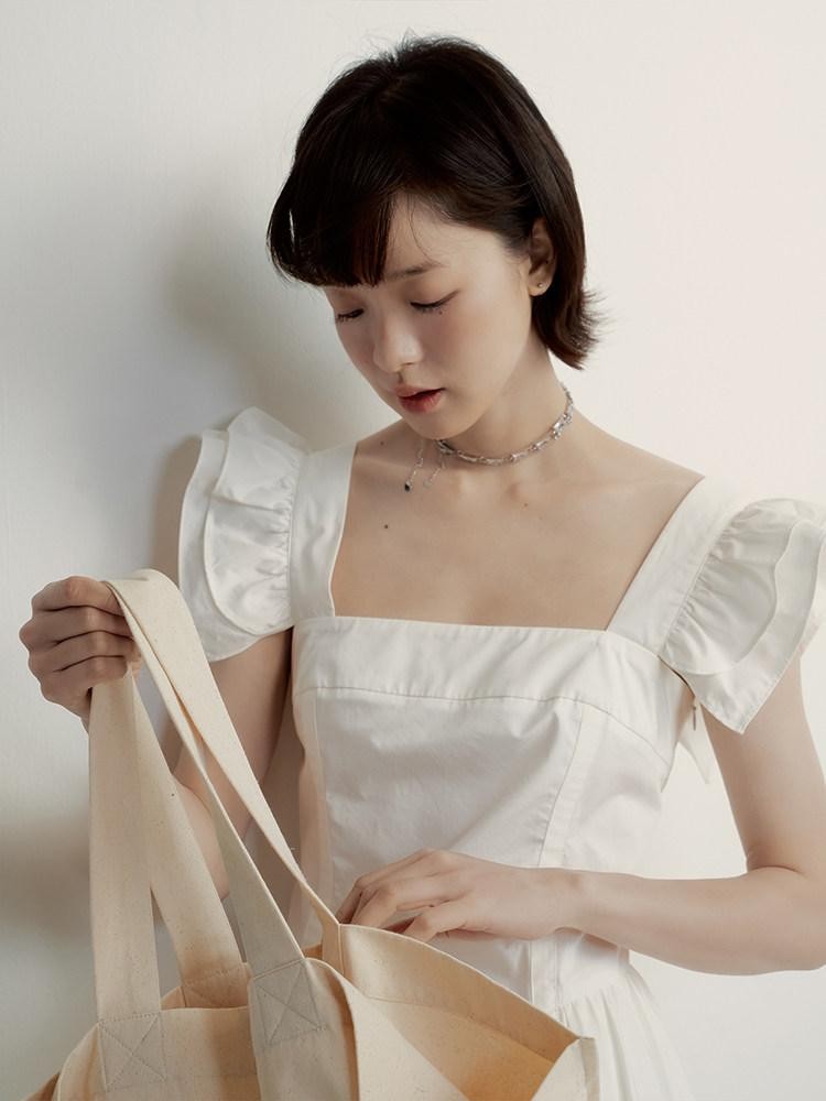 FUSSED Mist White Double Layer Ruffle Patchwork Women&