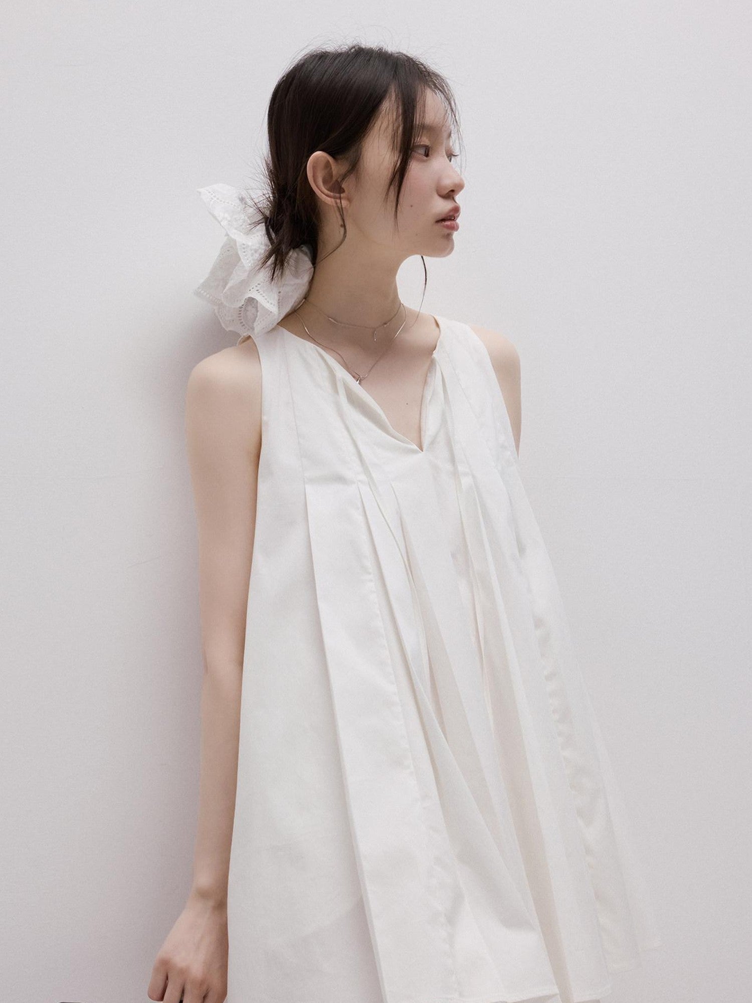 FUSSED Mist White Heavy Pleated Layered Splice Women&