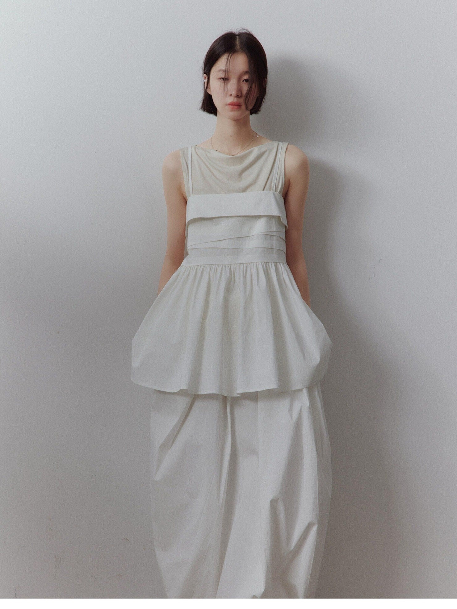 FUSSED Mist White Layered Patchwork Irregular Pleated Zipper Women&