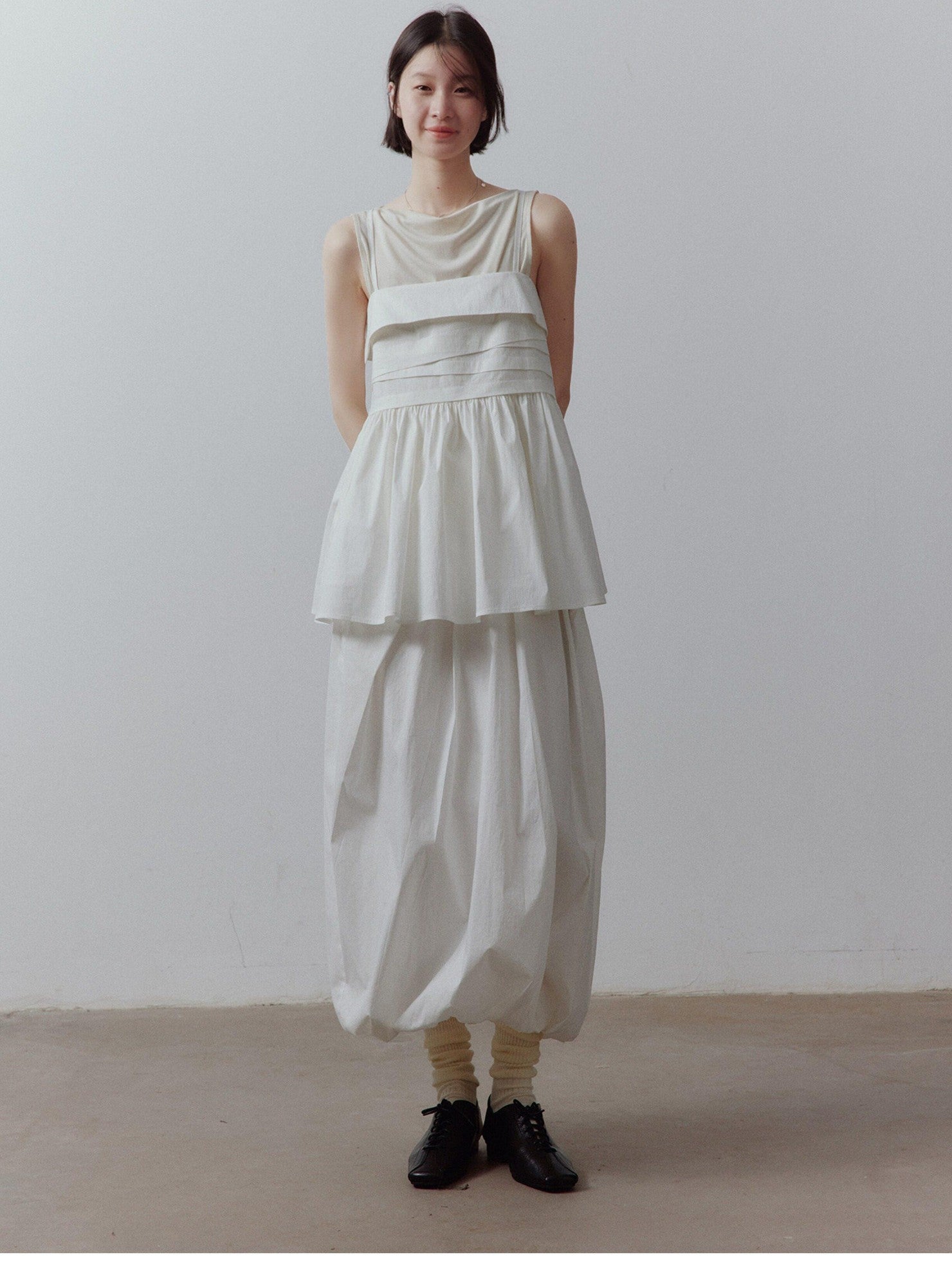 FUSSED Mist White Layered Patchwork Irregular Pleated Zipper Women&