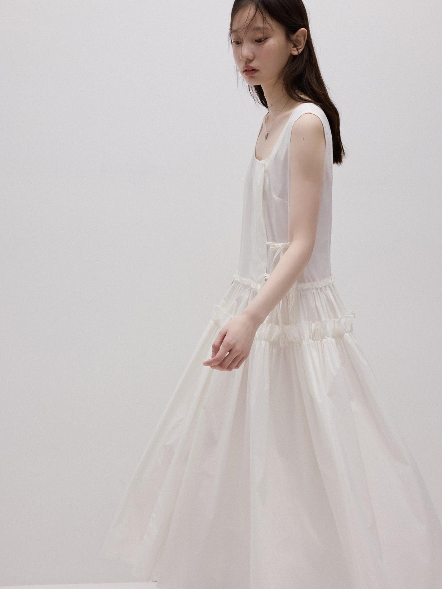 FUSSED Mist White Layered Splice Gathered Oversized Hem Women&