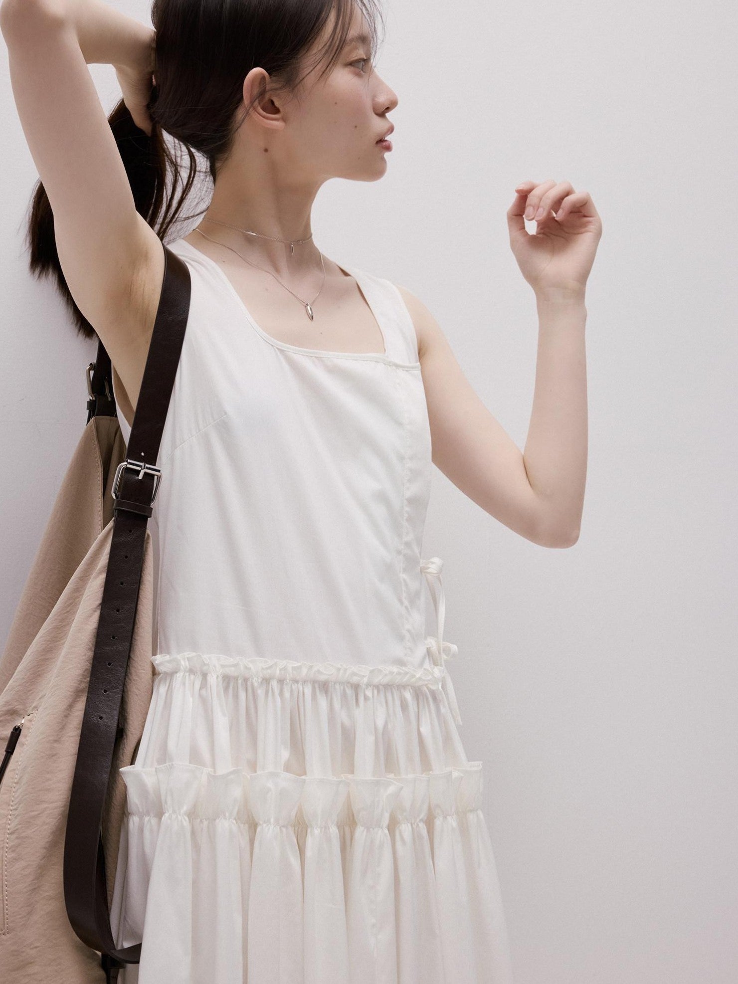 FUSSED Mist White Layered Splice Gathered Oversized Hem Women&