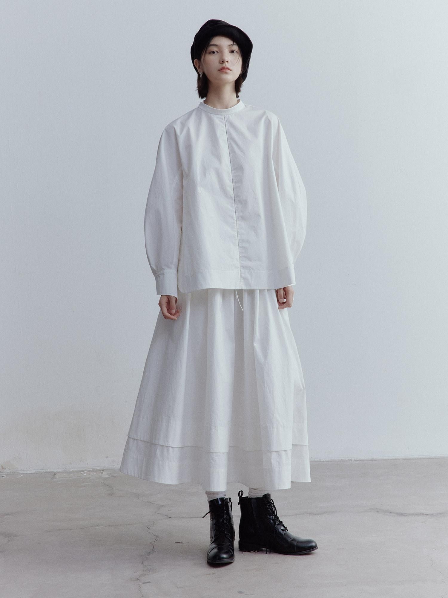 FUSSED Mist White Oversized Asymmetric Sleeve Cutout Splice Women&
