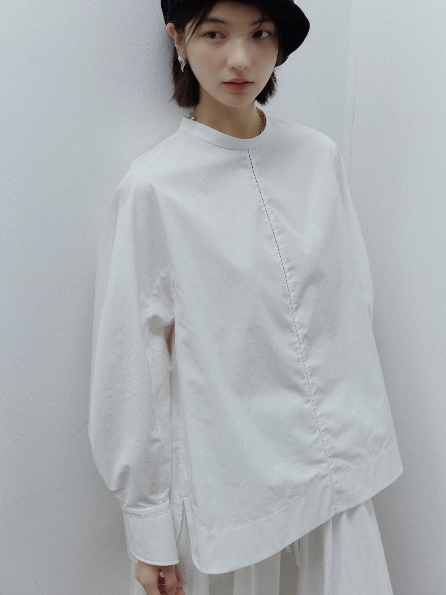 FUSSED Mist White Oversized Asymmetric Sleeve Cutout Splice Women&
