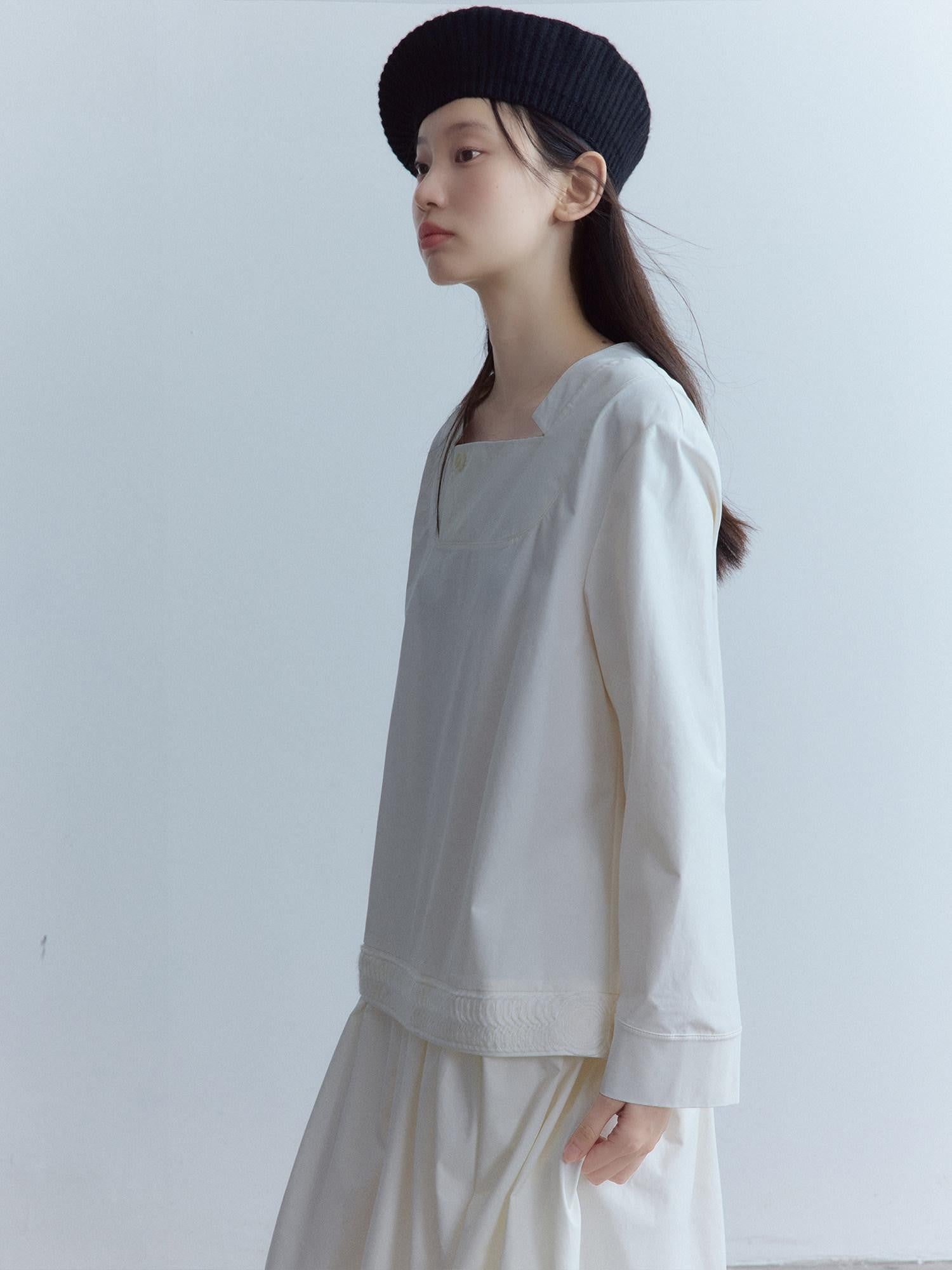 FUSSED Mist White Wool Lace Structured Shirt Collar Women&