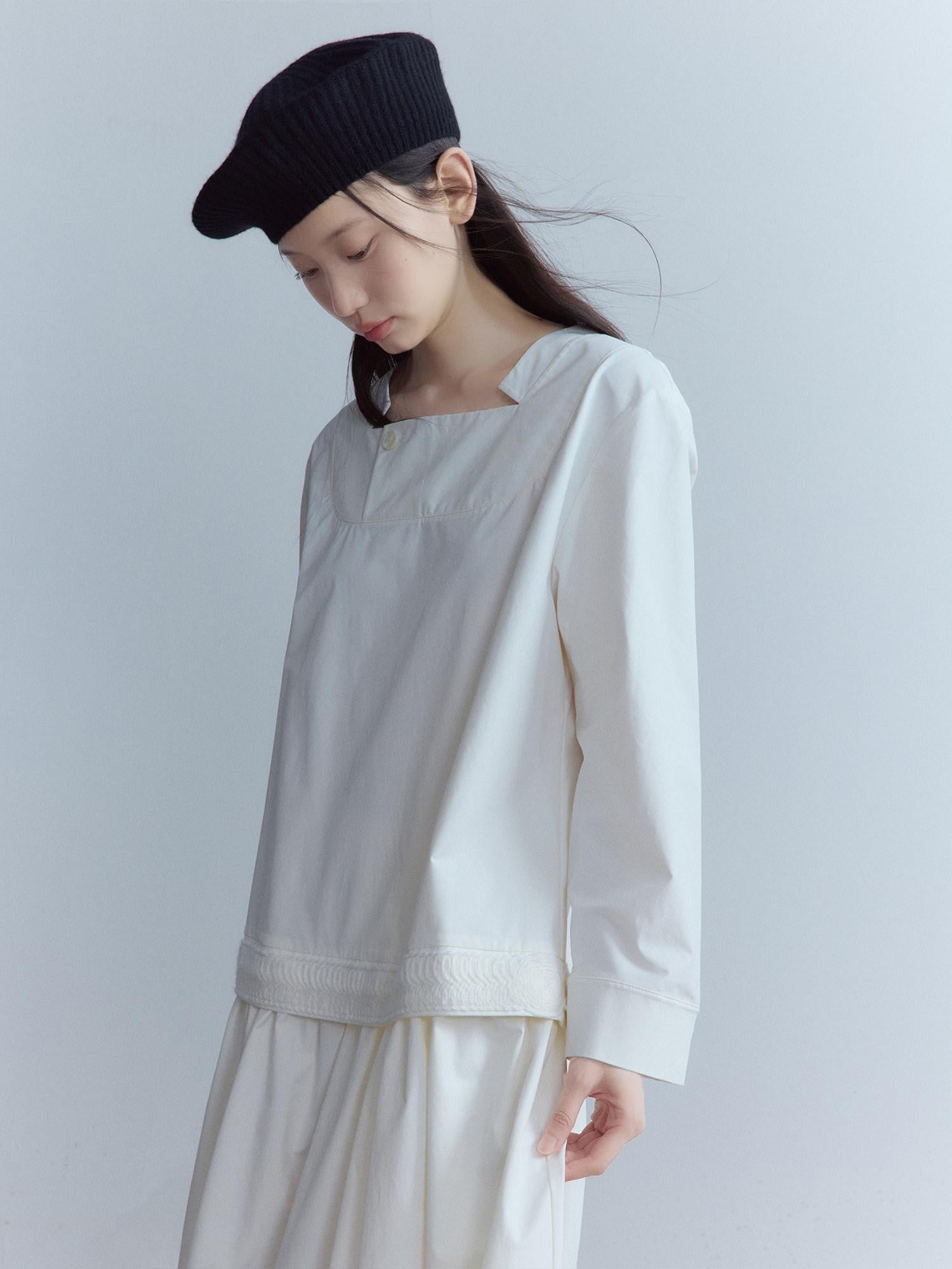 FUSSED Mist White Wool Lace Structured Shirt Collar Women&