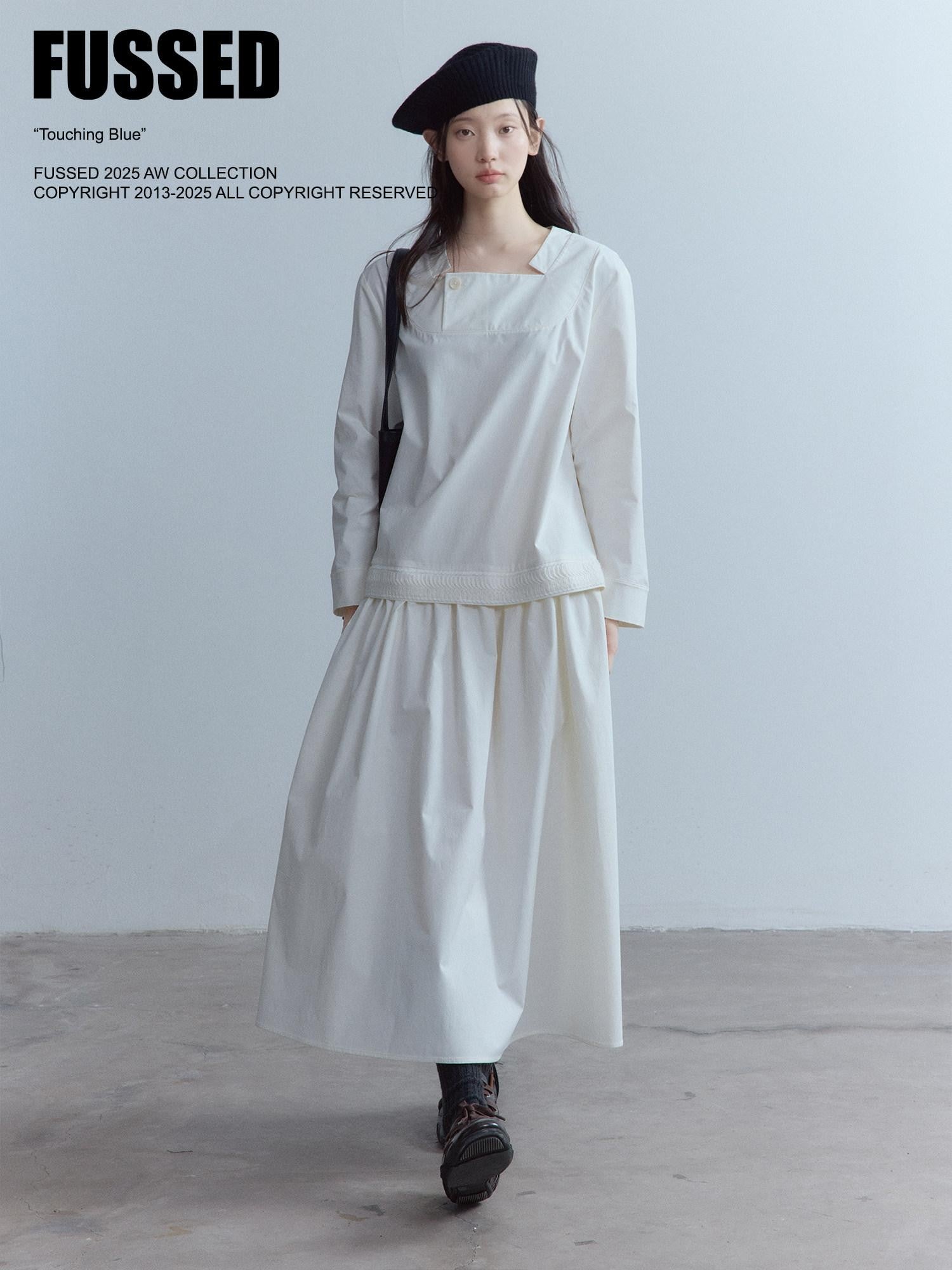 FUSSED Mist White Wool Lace Structured Shirt Collar Women&