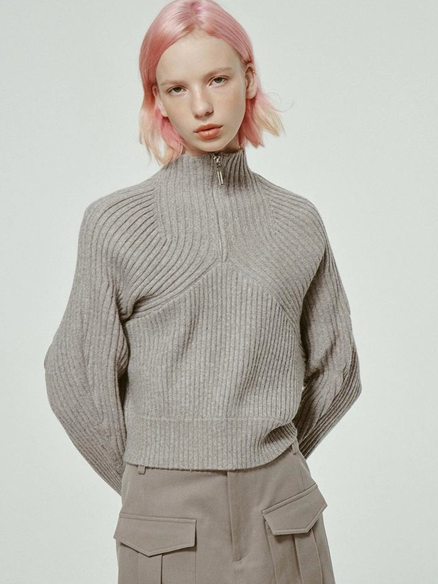 Mohair Blend High Neck Zip Up Sweater