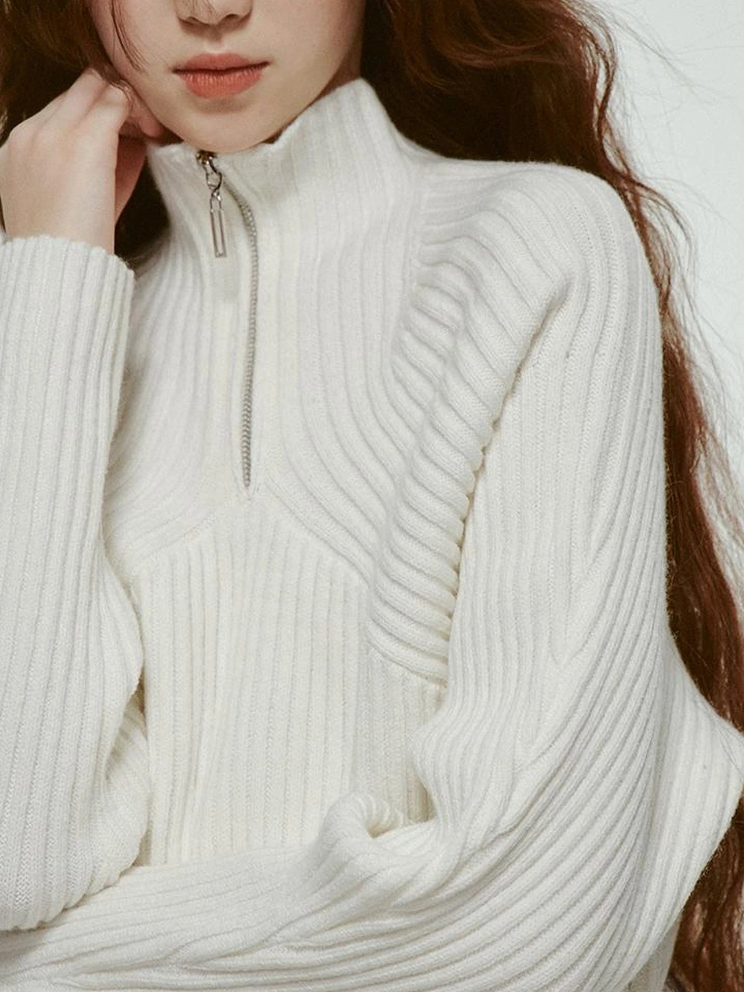 Mohair Blend High Neck Zip Up Sweater