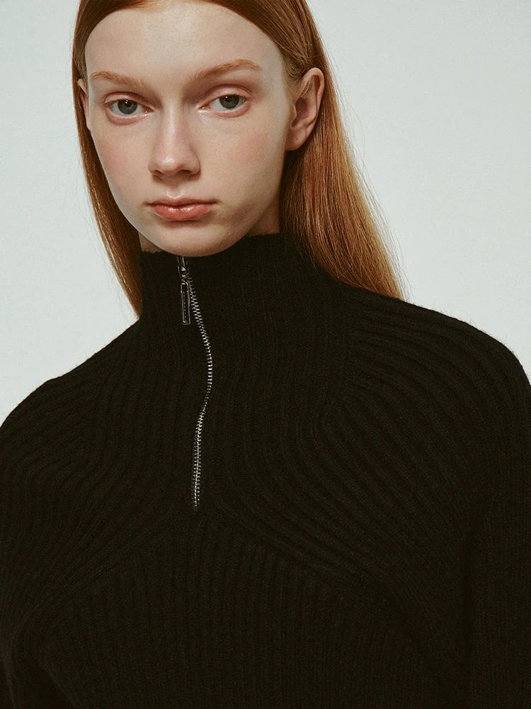 Mohair Blend High Neck Zip Up Sweater