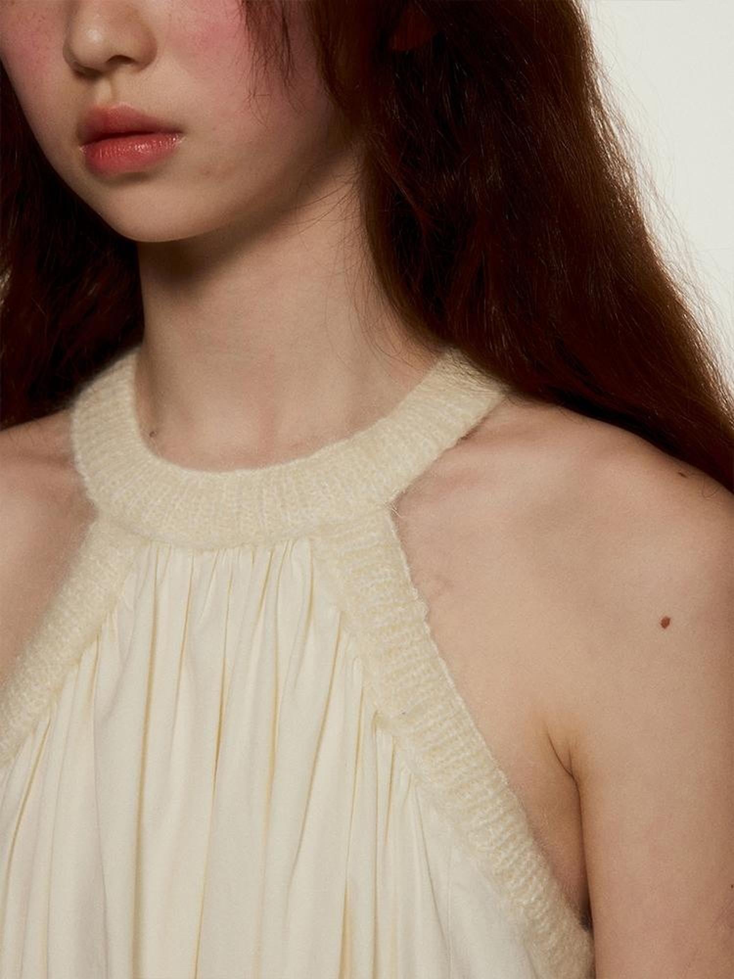 FUSSED Mohair Collar Cotton Shirred Dress With Lace Trim