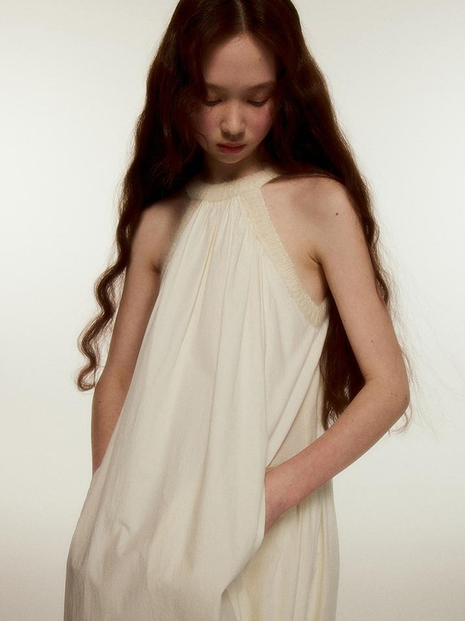 FUSSED Mohair Collar Cotton Shirred Dress With Lace Trim
