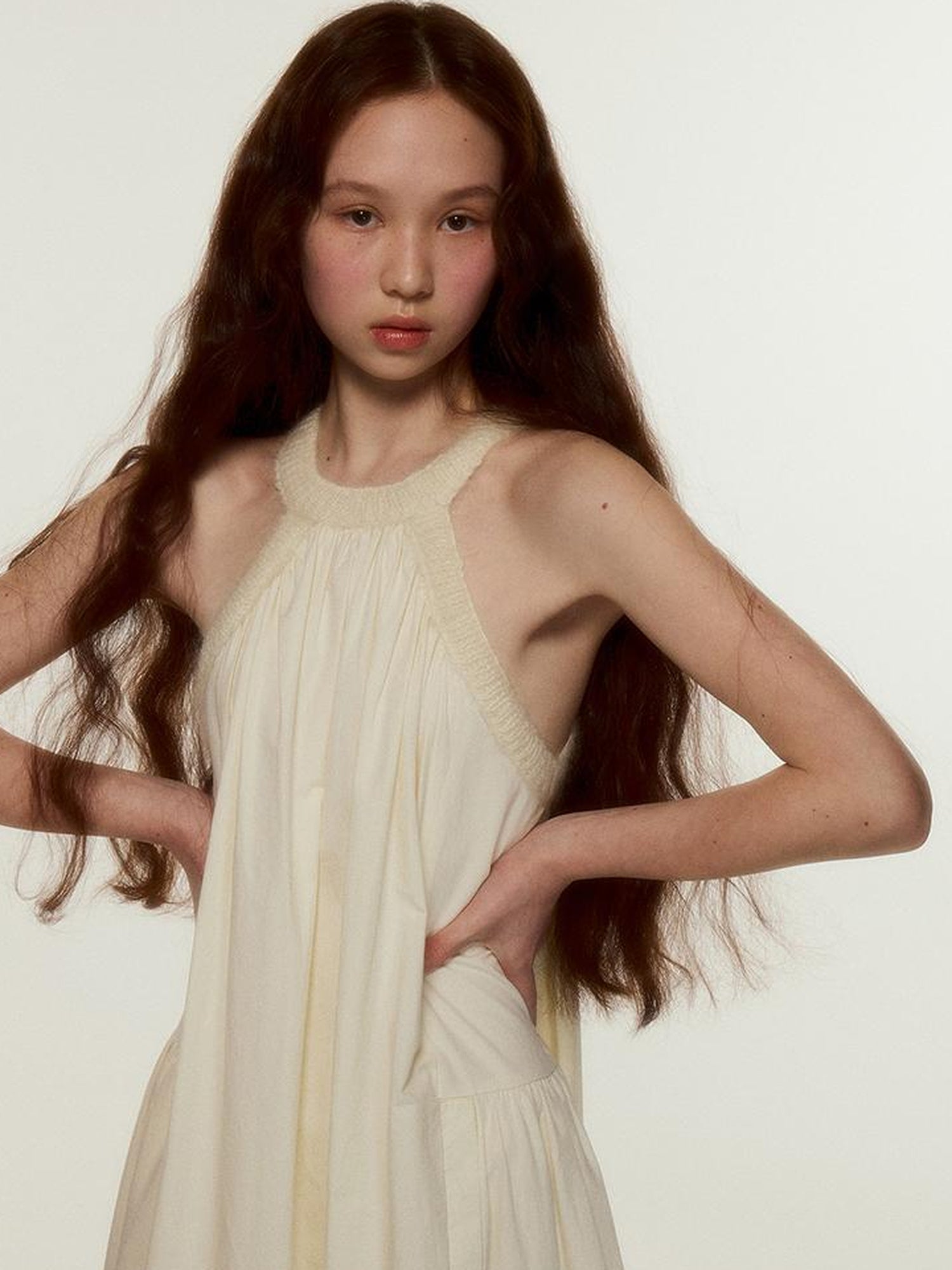 FUSSED Mohair Collar Cotton Shirred Dress With Lace Trim