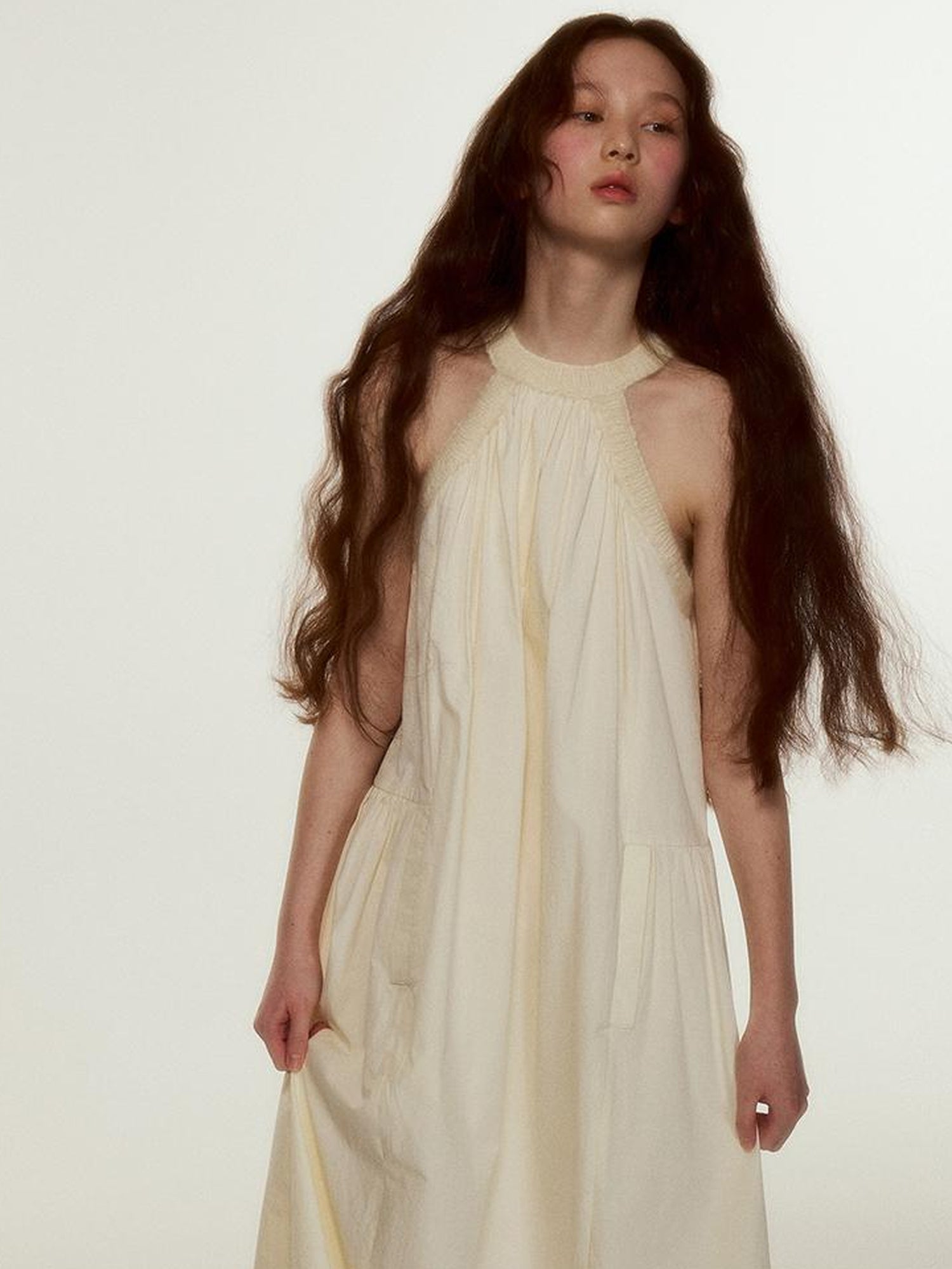 FUSSED Mohair Collar Cotton Shirred Dress With Lace Trim