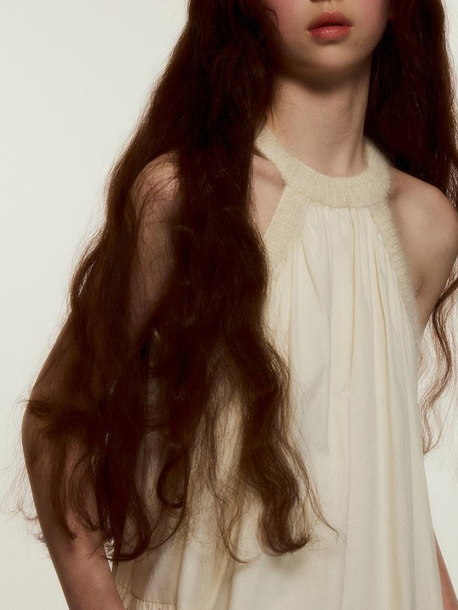 FUSSED Mohair Collar Cotton Shirred Dress With Lace Trim