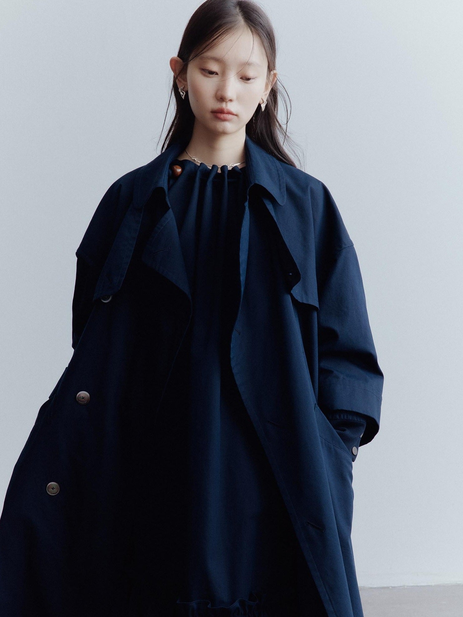 FUSSED Moonshadow Blue Longline Oversized Street Notched Lapel Single Breasted Coat