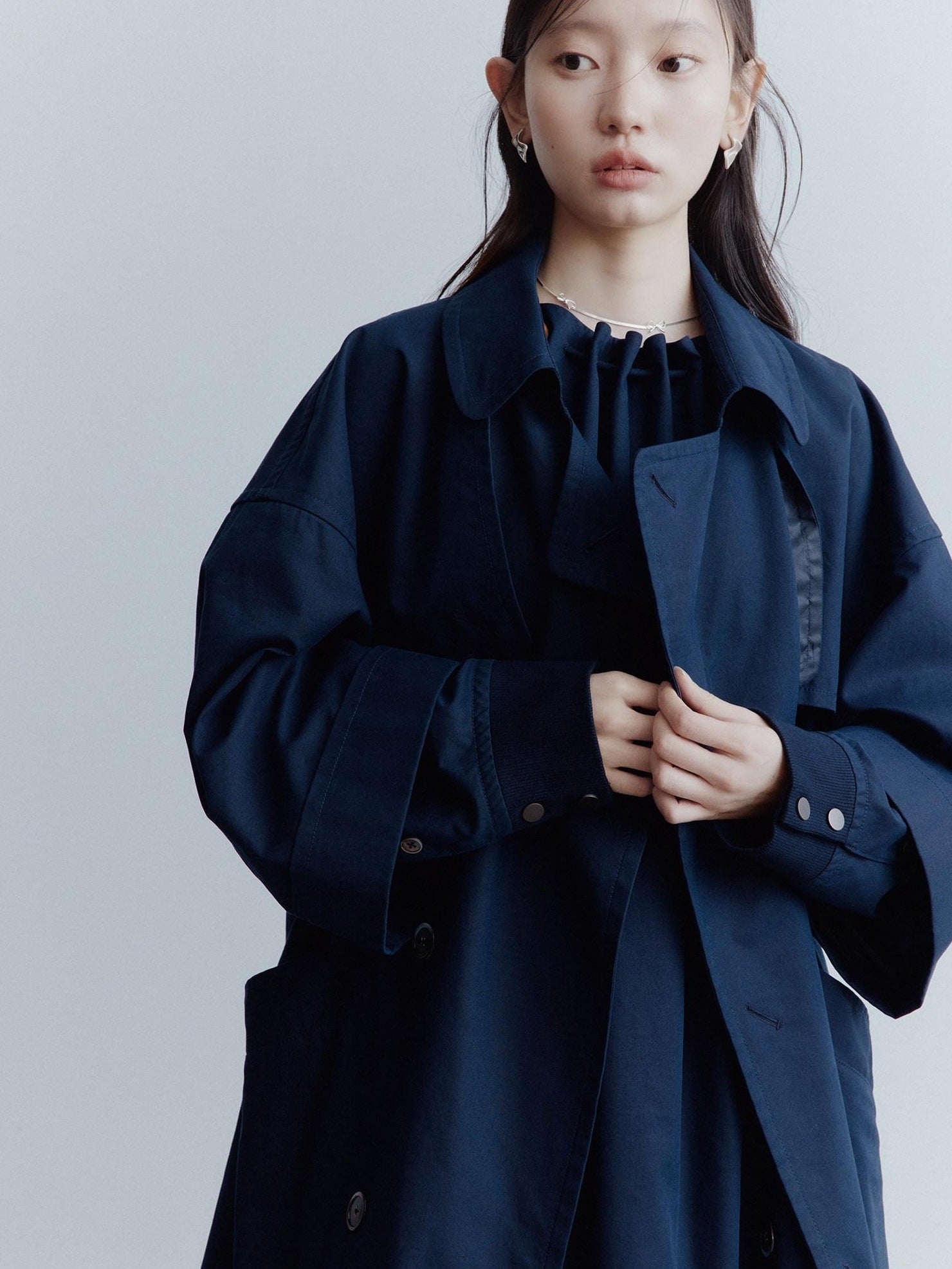 FUSSED Moonshadow Blue Longline Oversized Street Notched Lapel Single Breasted Coat