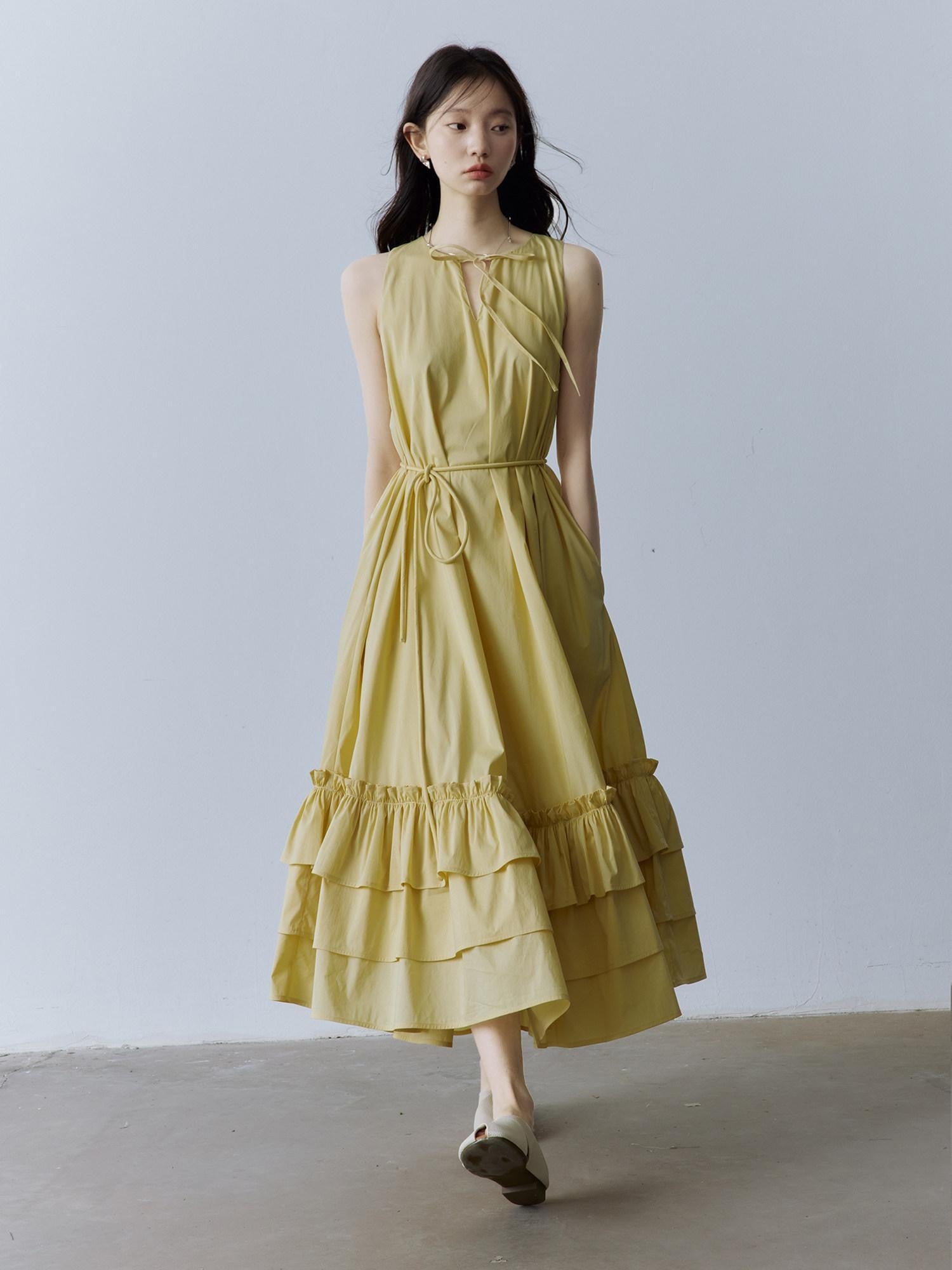 FUSSED Morning Mist Yellow Layered Spliced A Line V-neck Tie Women&