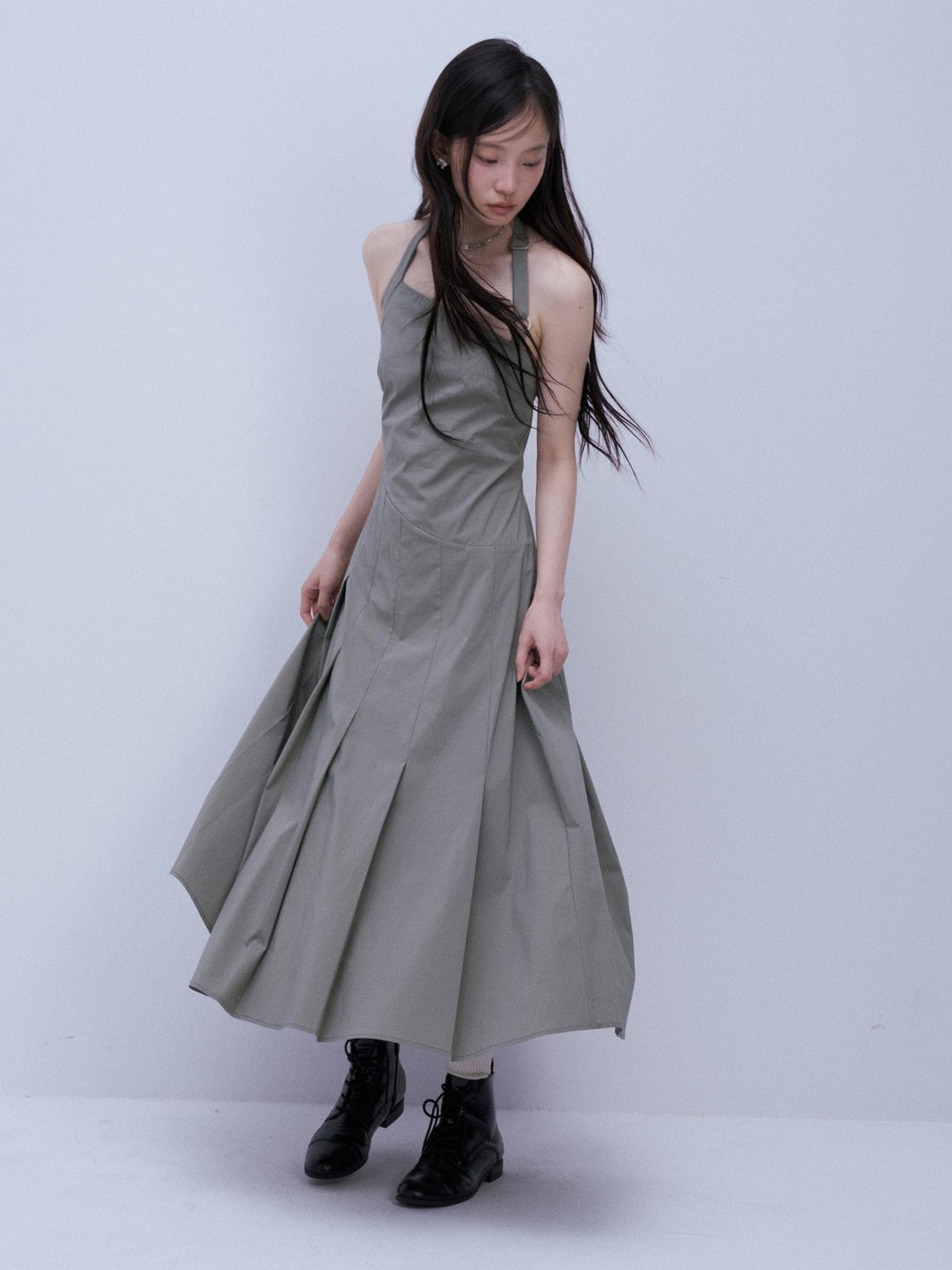 FUSSED Moss Green Asymmetrical Crinkled Pleats Women&