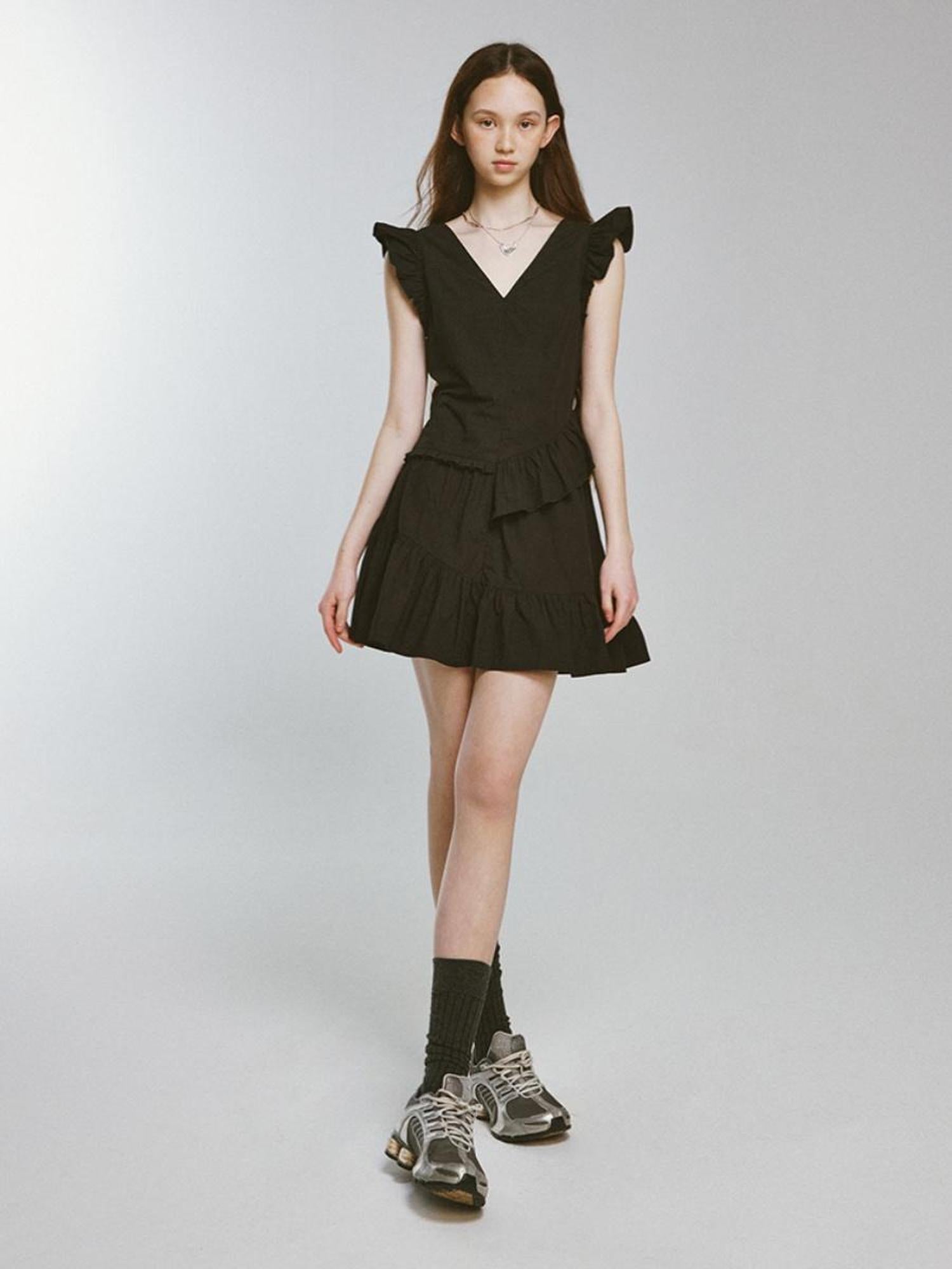 FUSSED Mysterious Waltz Black V-Neck Flounced Hem Dress