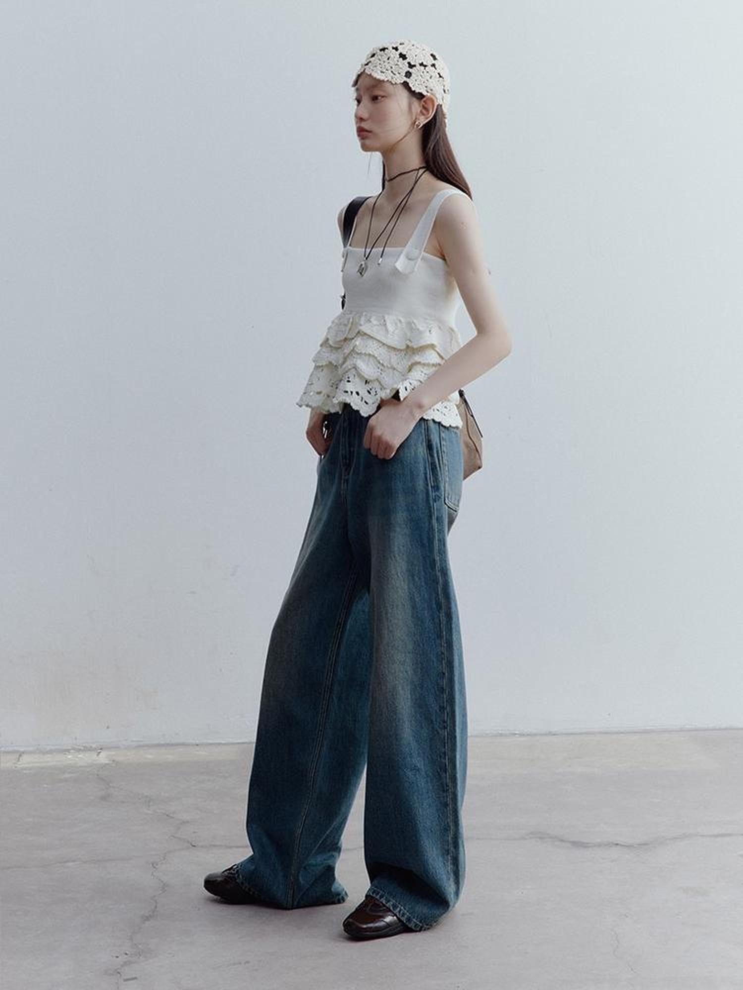 FUSSED Nefelibata Dream Escape Hand Crochet Almond Cream Knit Top V-neck T-shirt Long Sleeve