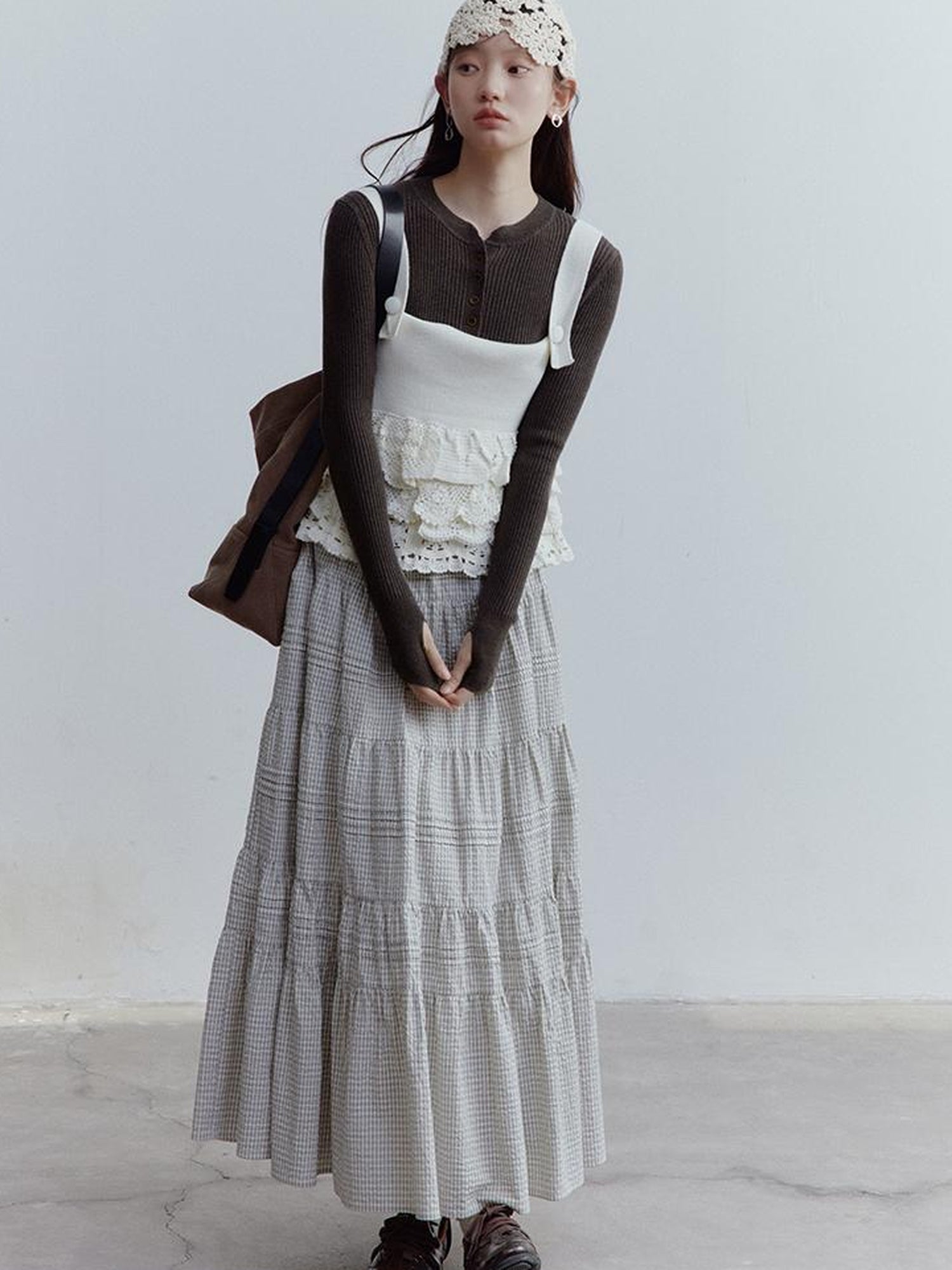 FUSSED Nefelibata Dream Escape Hand Crochet Almond Cream Knit Top V Neck T Shirt Long Sleeve