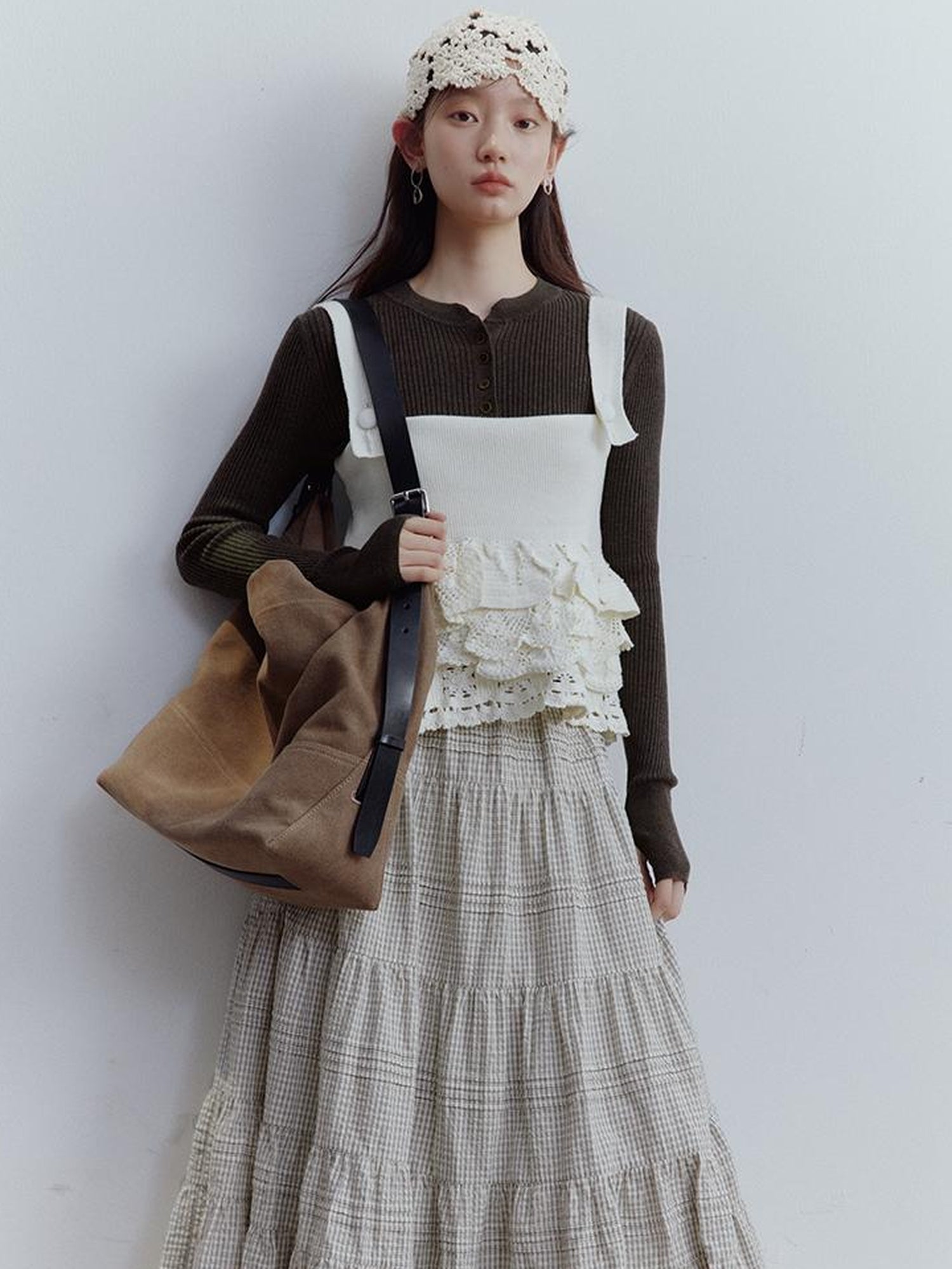 FUSSED Nefelibata Dream Escape Hand Crochet Almond Cream Knit Top V Neck T Shirt Long Sleeve