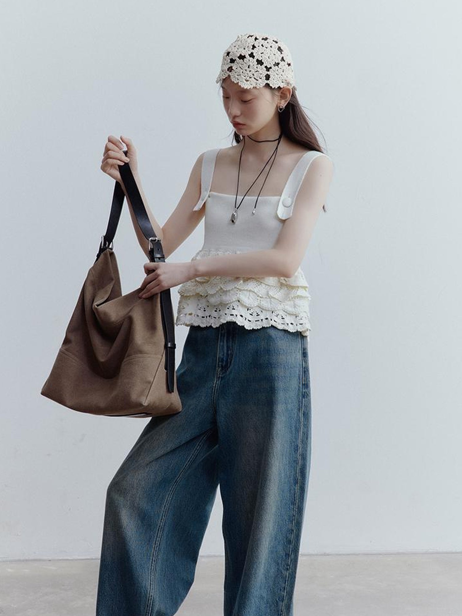 FUSSED Nefelibata Dream Escape Hand Crochet Almond Cream Knit Top V Neck T Shirt Long Sleeve