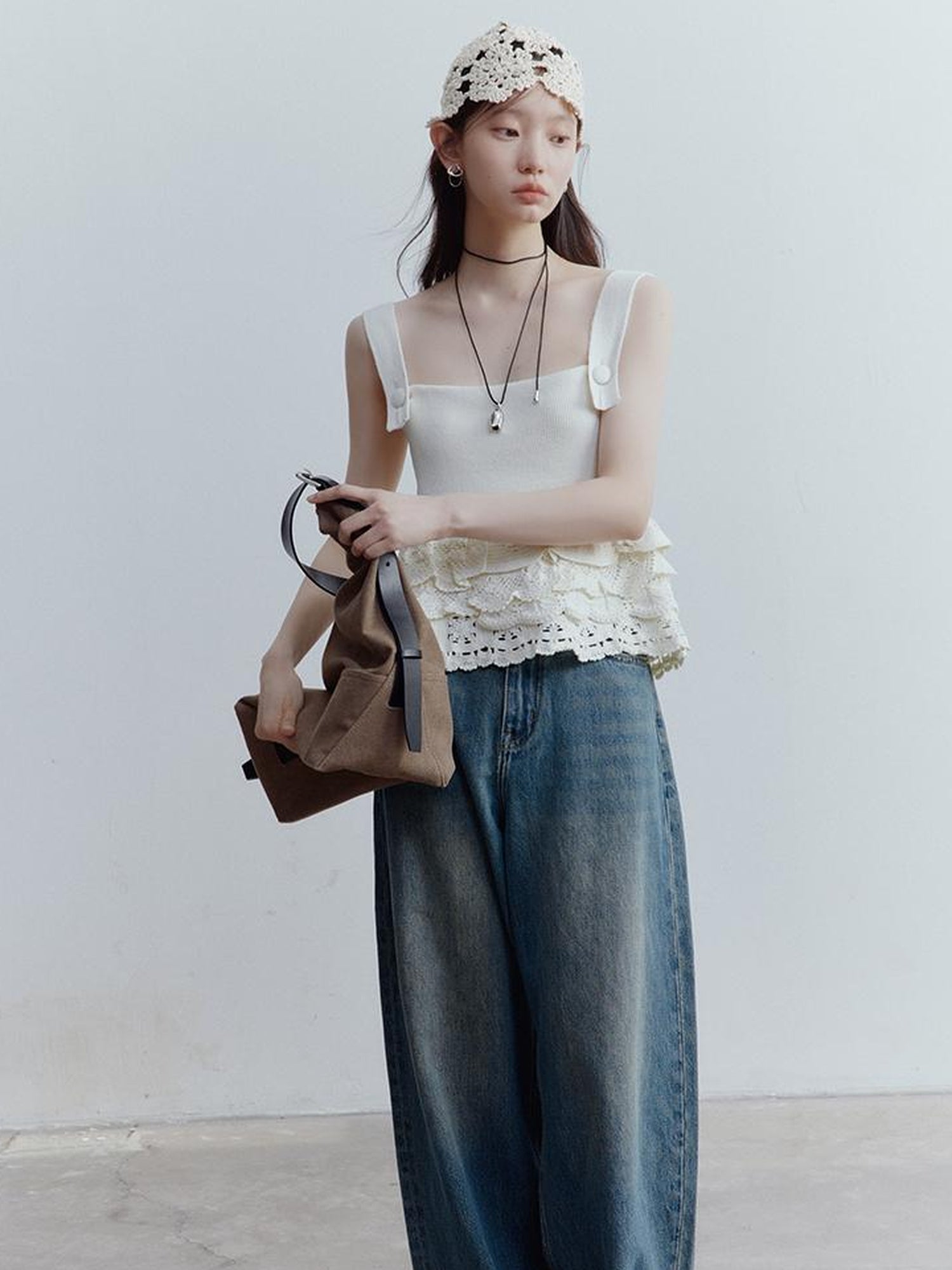 FUSSED Nefelibata Dream Escape Hand Crochet Almond Cream Knit Top V Neck T Shirt Long Sleeve