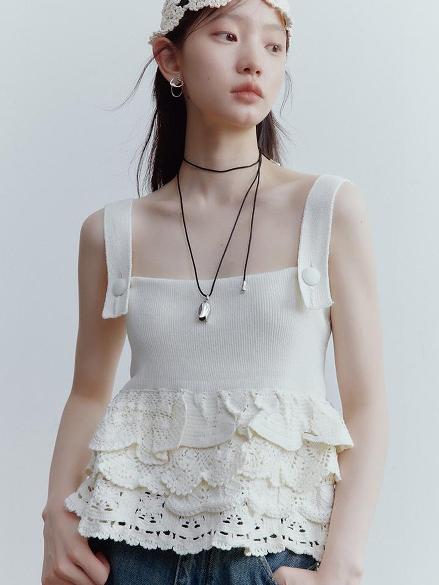 FUSSED Nefelibata Dream Escape Hand Crochet Almond Cream Knit Top V Neck T Shirt Long Sleeve