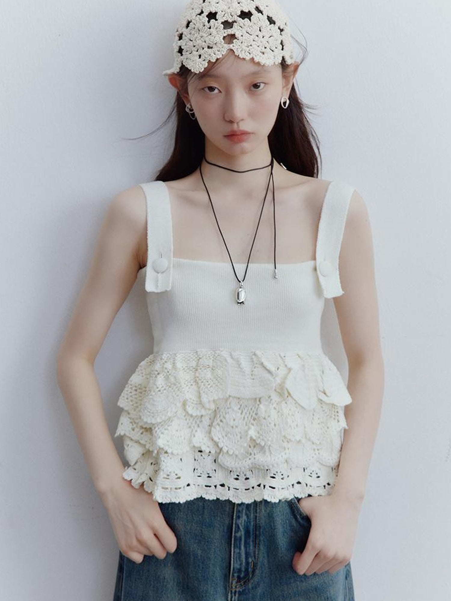 FUSSED Nefelibata Dream Escape Hand Crochet Almond Cream Knit Top V Neck T Shirt Long Sleeve