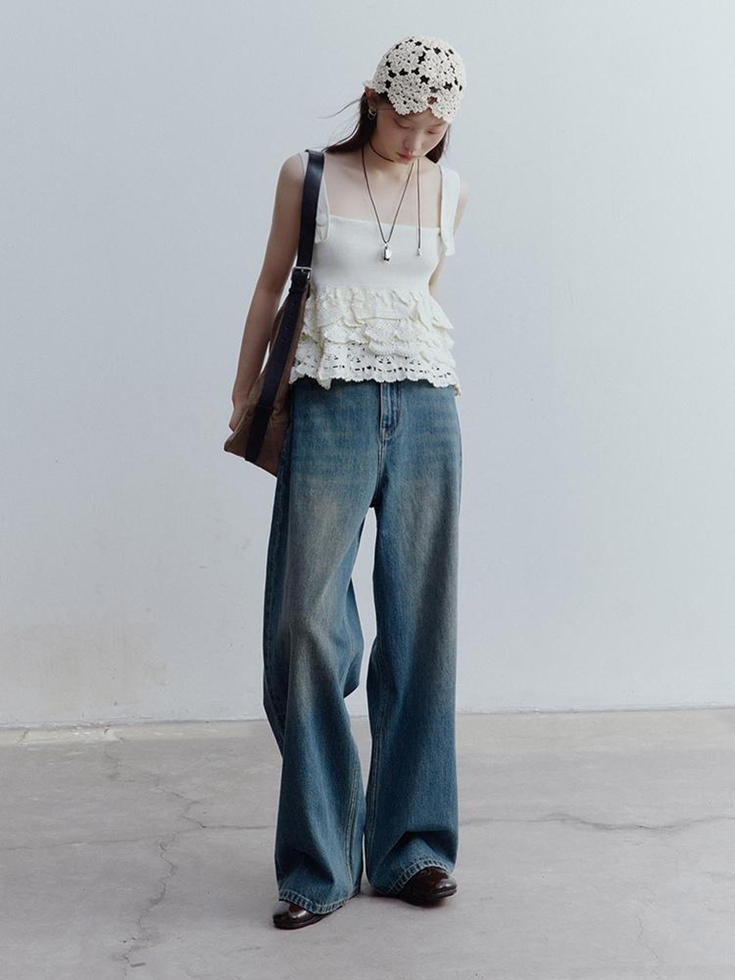 FUSSED Nefelibata Dream Escape Hand Crochet Almond Cream Knit Top V-neck T-shirt Long Sleeve