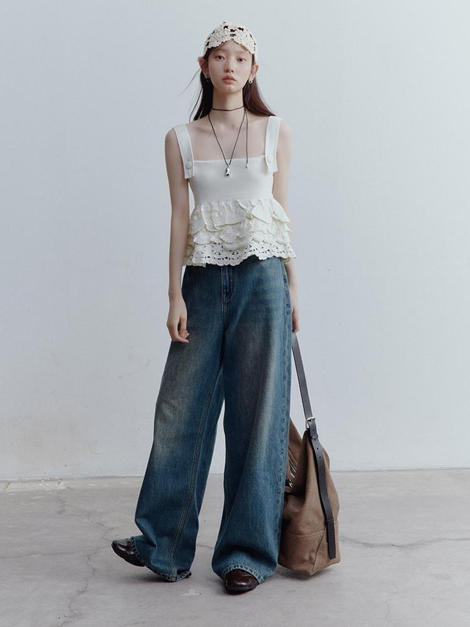 FUSSED Nefelibata Dream Escape Hand Crochet Almond Cream Knit Top V Neck T Shirt Long Sleeve