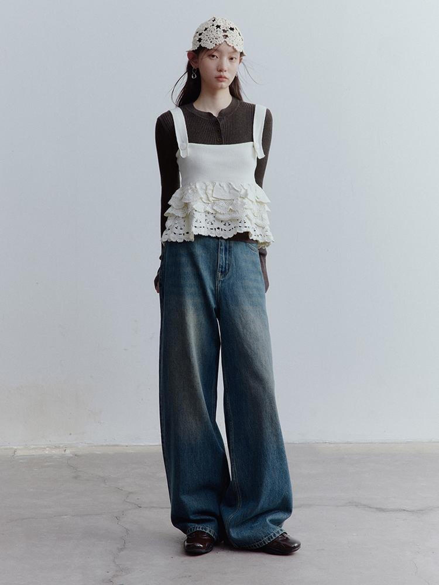 FUSSED Nefelibata Dream Escape Hand Crochet Almond Cream Knit Top V Neck T Shirt Long Sleeve