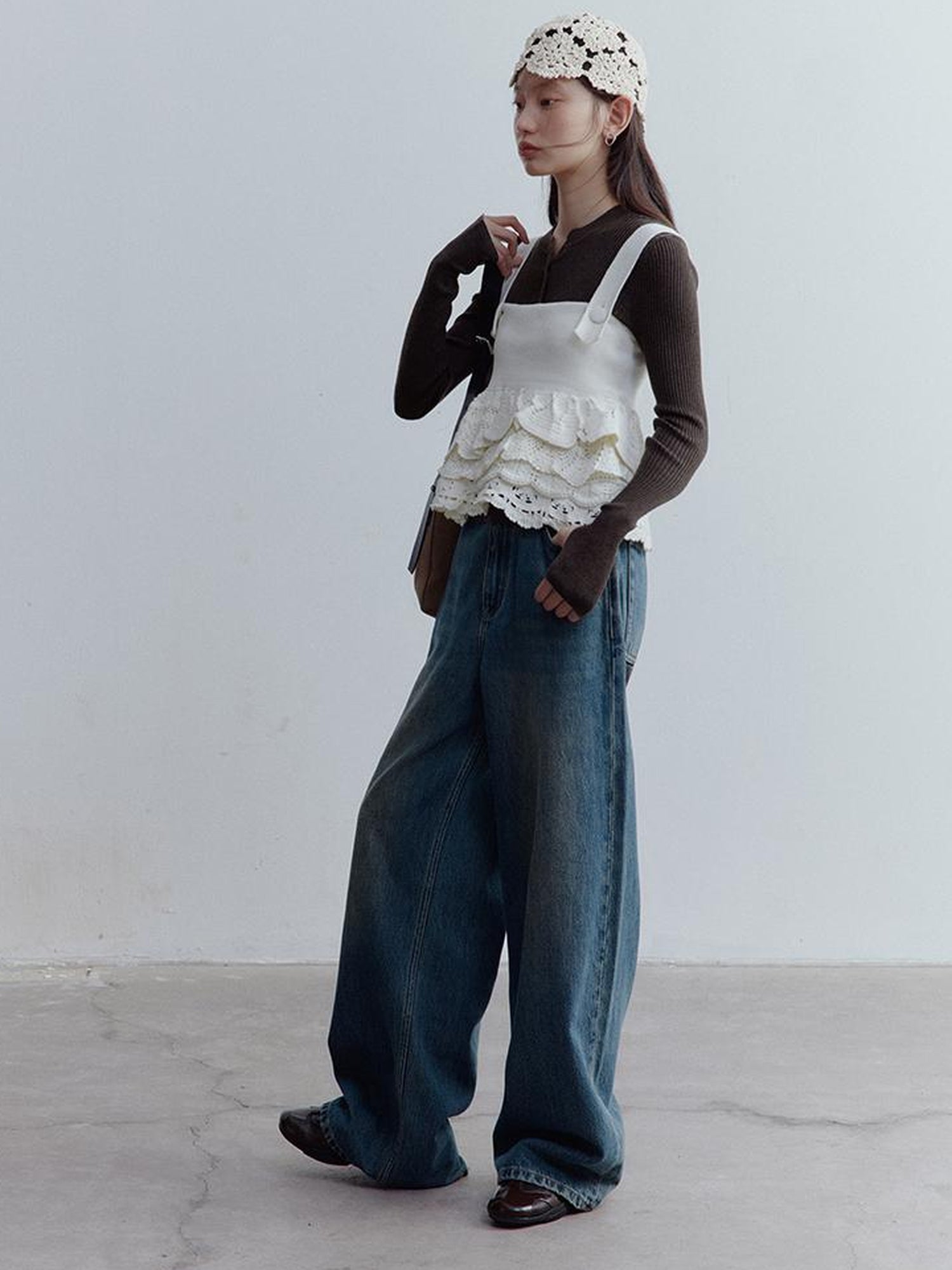 FUSSED Nefelibata Dream Escape Hand Crochet Almond Cream Knit Top V Neck T Shirt Long Sleeve