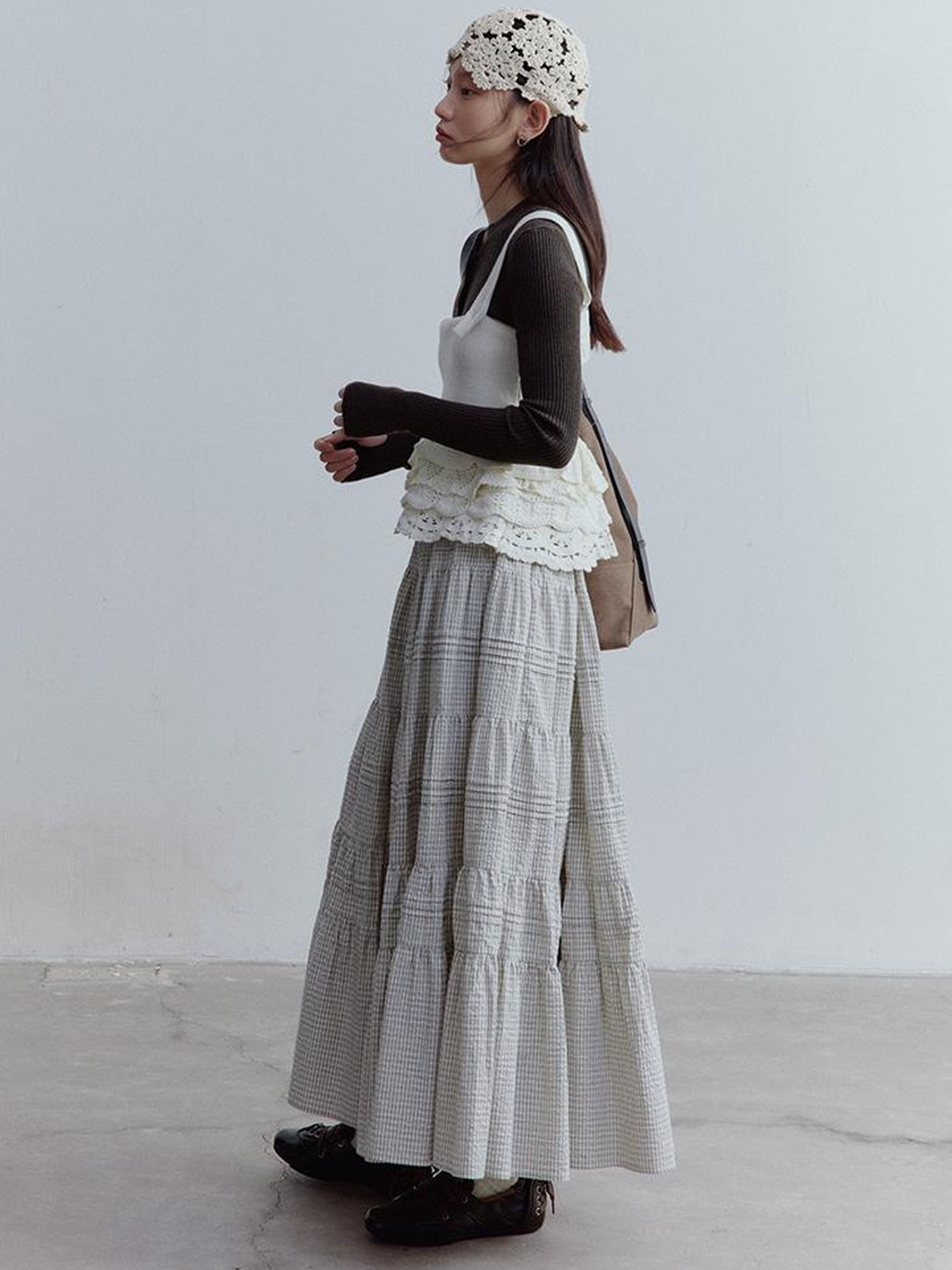 FUSSED Nefelibata Dream Escape Hand Crochet Almond Cream Knit Top V Neck T Shirt Long Sleeve