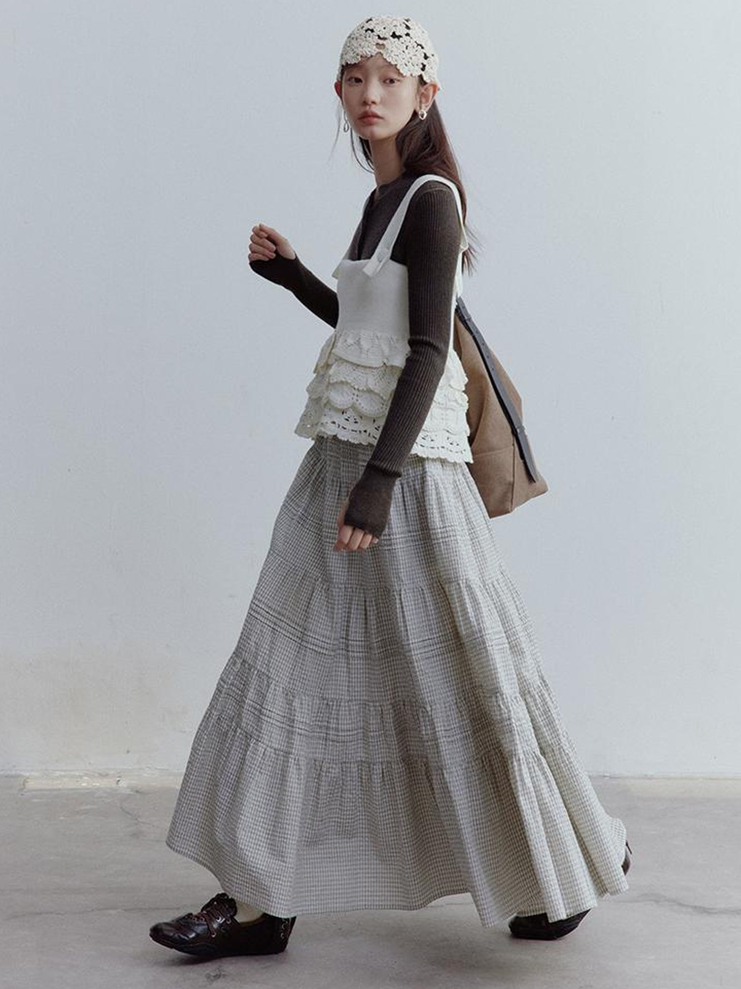 FUSSED Nefelibata Dream Escape Hand Crochet Almond Cream Knit Top V Neck T Shirt Long Sleeve