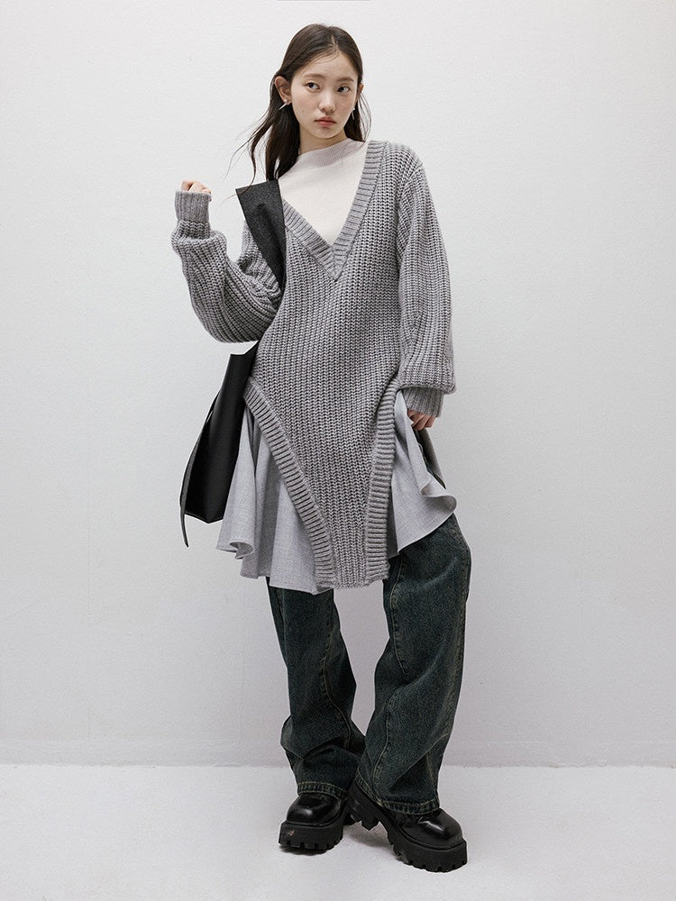 FUSSED_Noise_Texture_Irregular_Slouchy_V-neck_Knit_Splice_Women&
