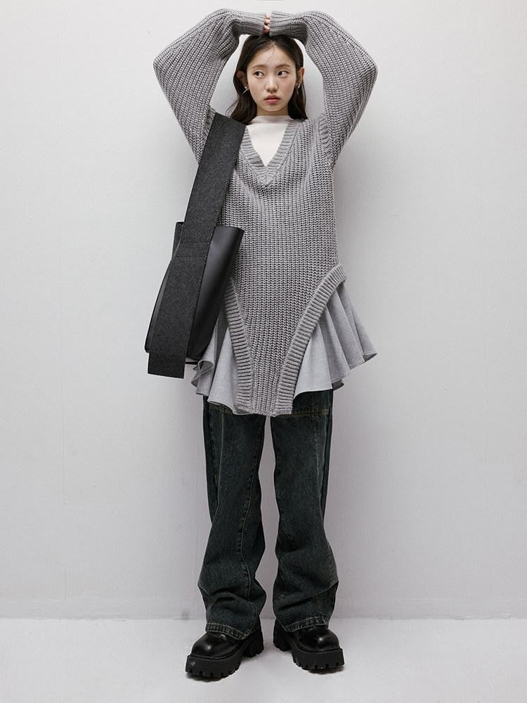 FUSSED Noise Texture Irregular Slouchy V-neck Knit Splice Women&