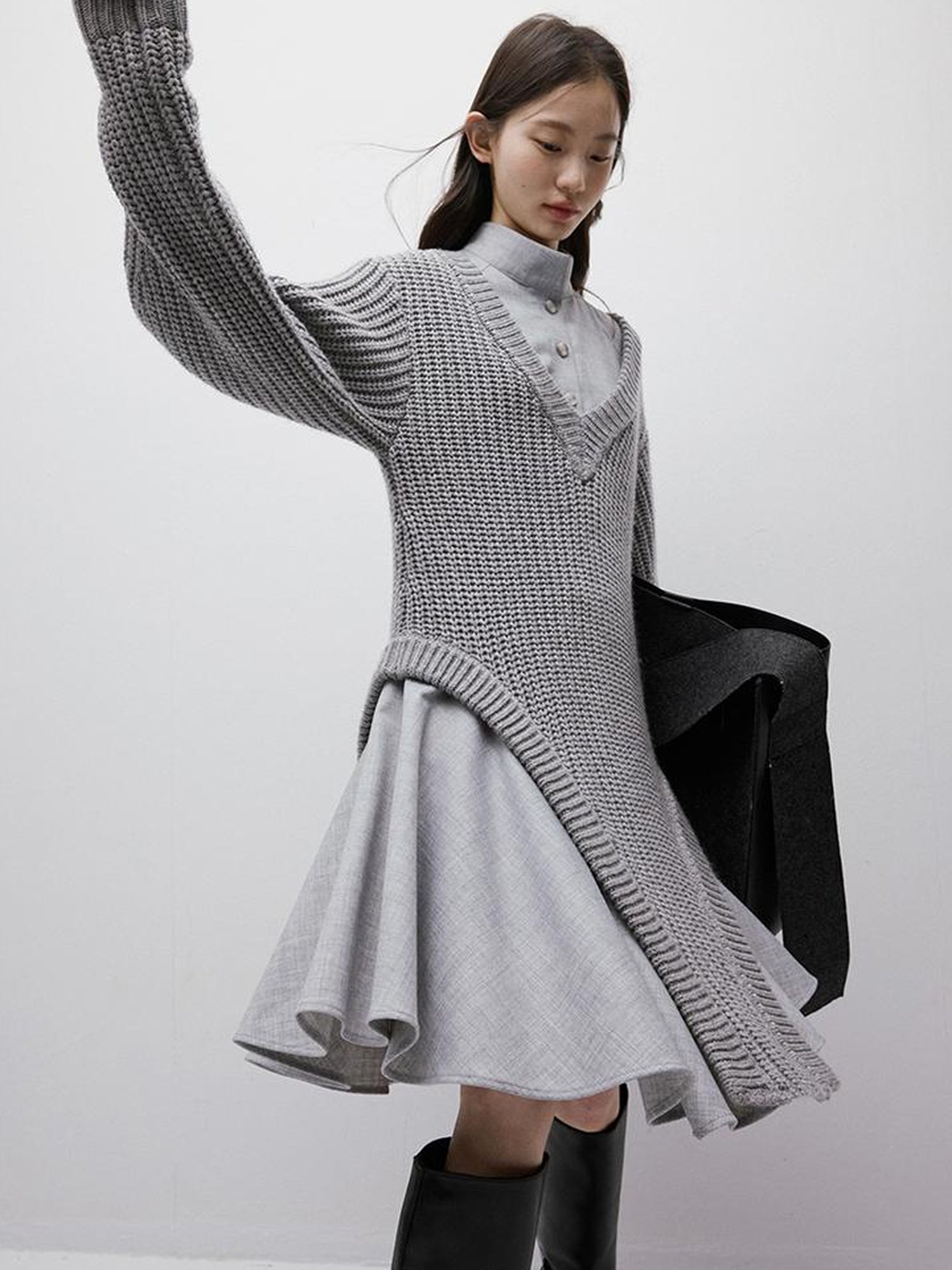 FUSSED Noise Textured V-Neck Knit Woven Asymmetrical Dress