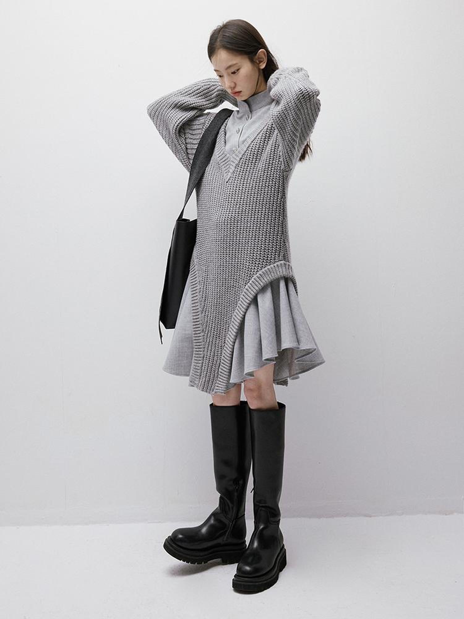 FUSSED Noise Textured V-Neck Knit Woven Asymmetrical Dress